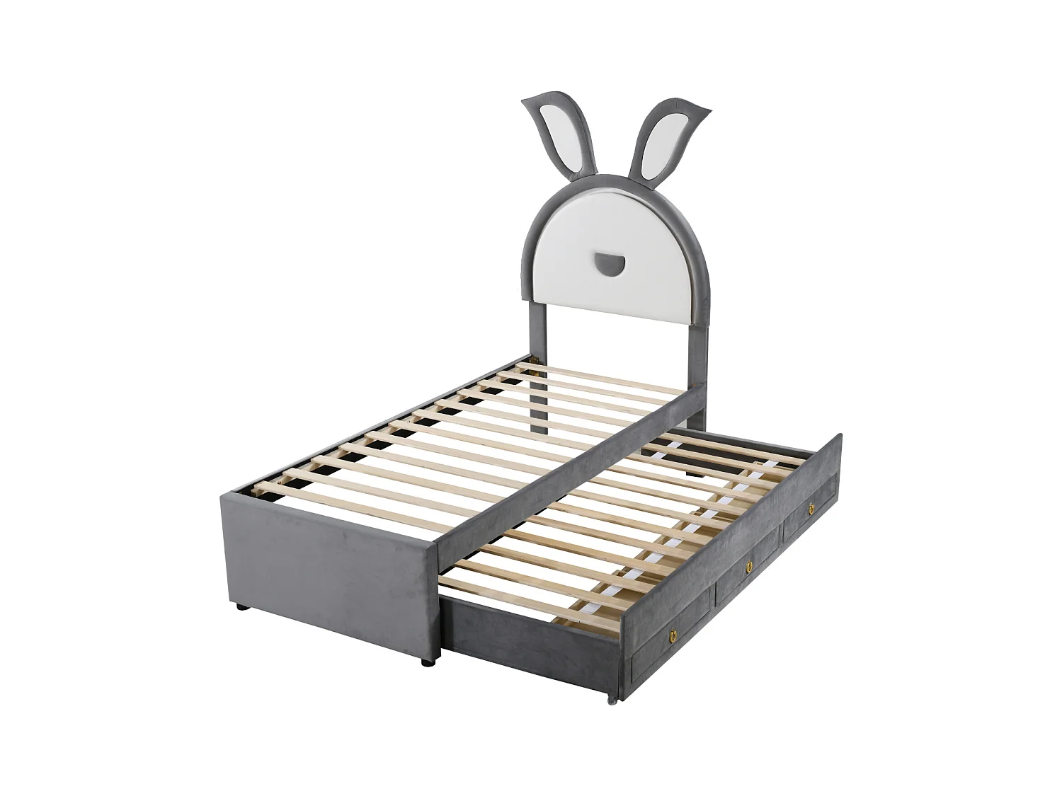 Lit gigogne 90x200+90x190cm, lit enfant capitonné en tissu velours, avec tiroir de rangement, tête de lit LED avec oreilles de lapin, gris