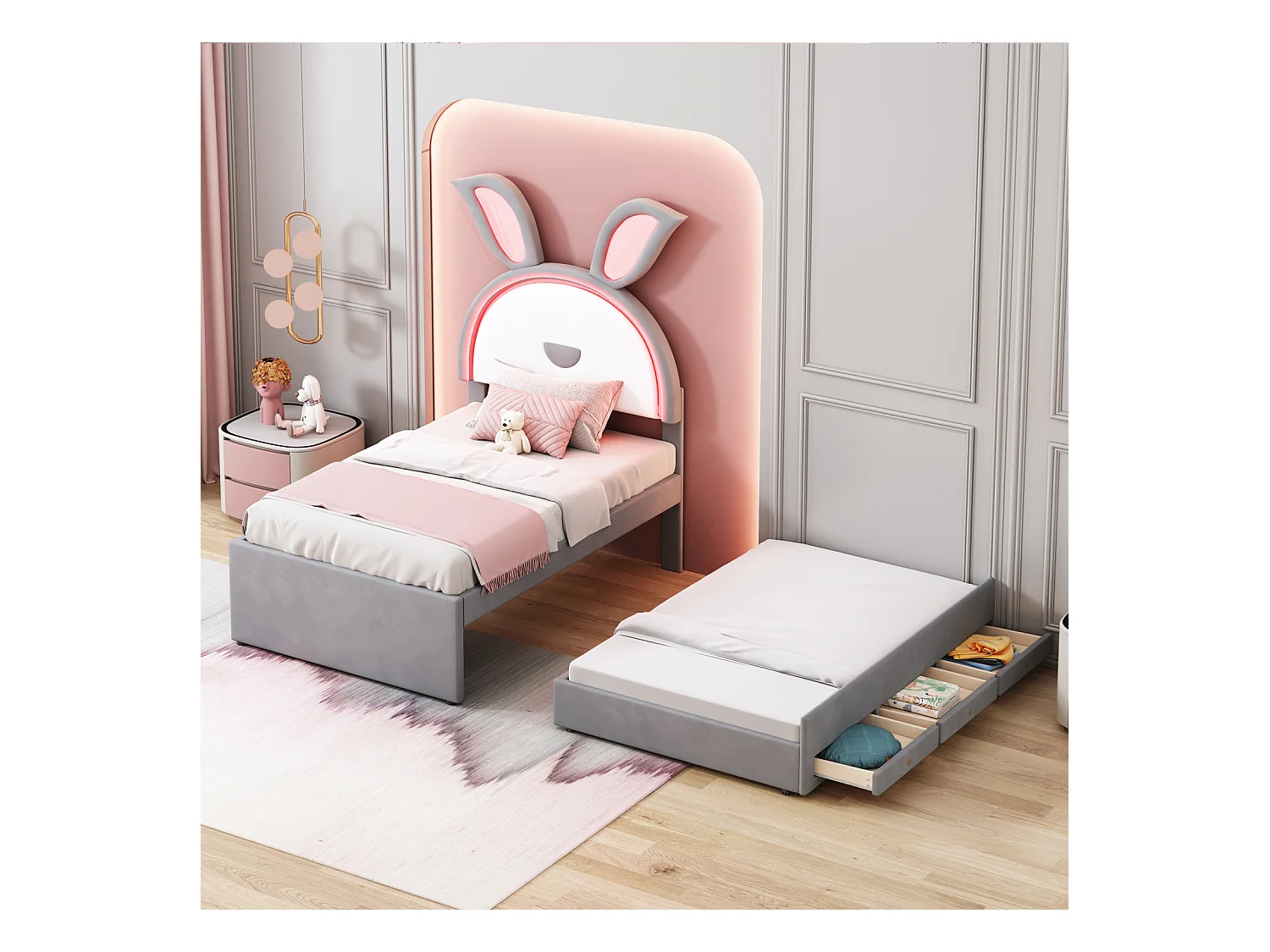 Lit gigogne 90x200+90x190cm, lit enfant capitonné en tissu velours, avec tiroir de rangement, tête de lit LED avec oreilles de lapin, gris