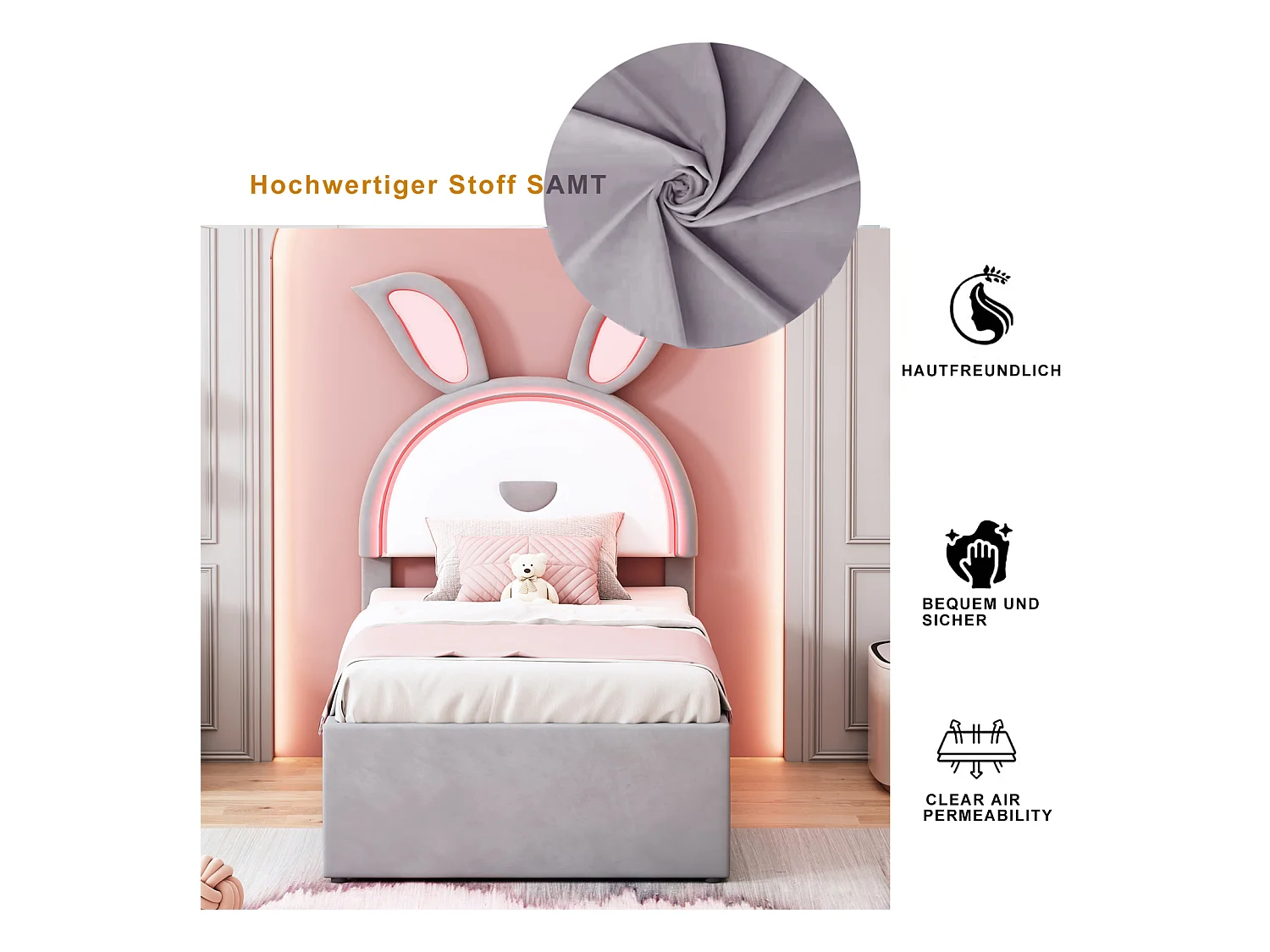 Lit gigogne 90x200+90x190cm, lit enfant capitonné en tissu velours, avec tiroir de rangement, tête de lit LED avec oreilles de lapin, gris