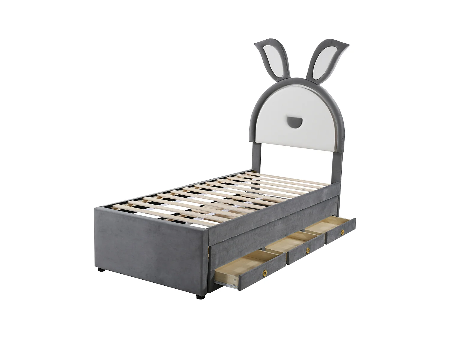 Lit gigogne 90x200+90x190cm, lit enfant capitonné en tissu velours, avec tiroir de rangement, tête de lit LED avec oreilles de lapin, gris