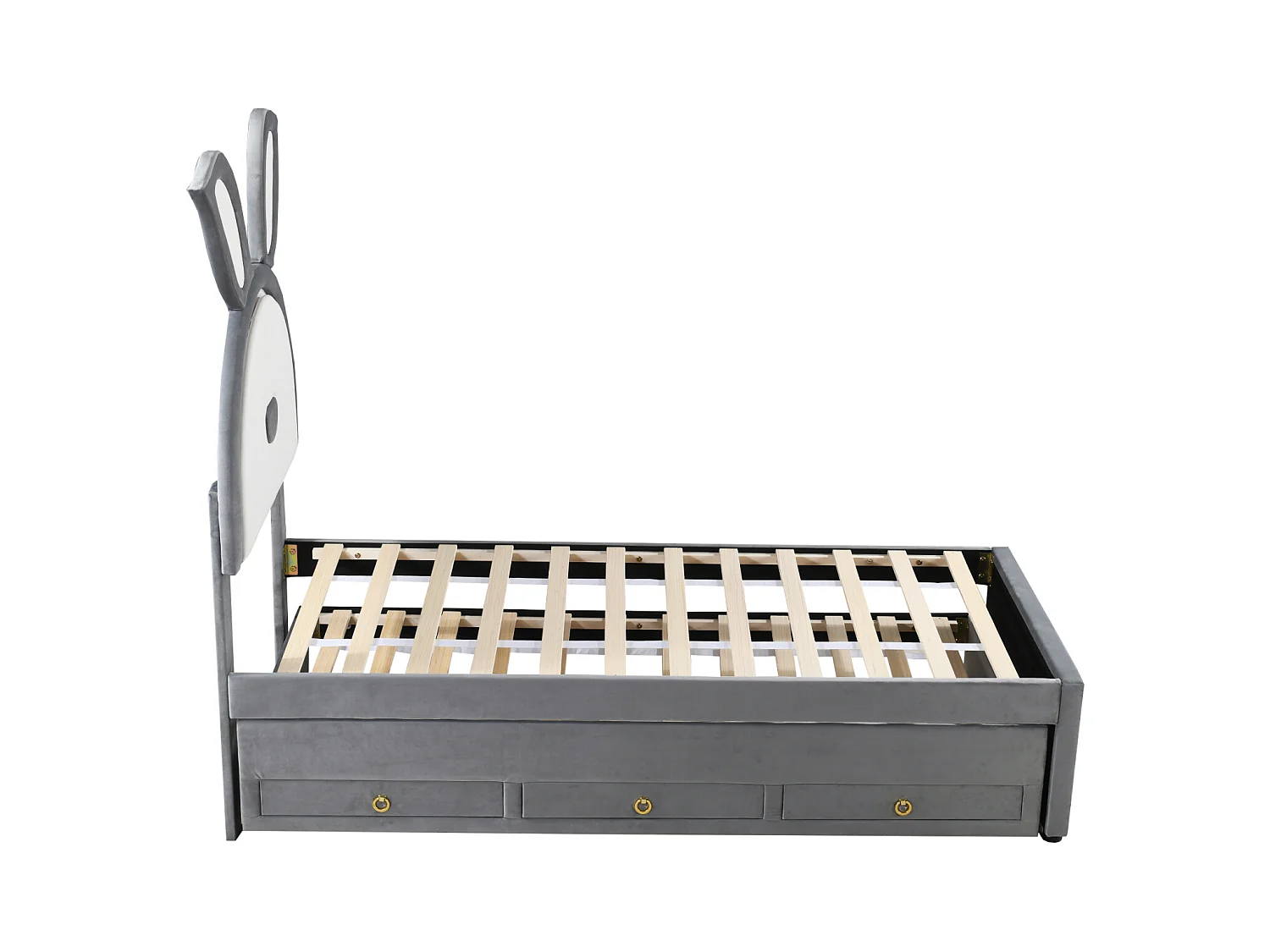 Lit gigogne 90x200+90x190cm, lit enfant capitonné en tissu velours, avec tiroir de rangement, tête de lit LED avec oreilles de lapin, gris