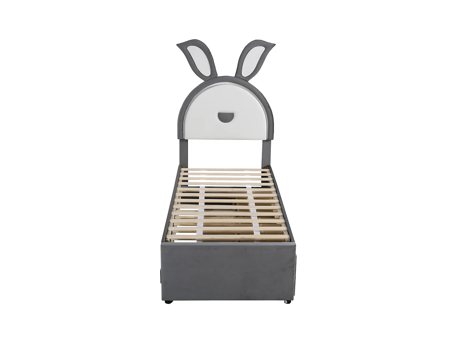 Lit gigogne 90x200+90x190cm, lit enfant capitonné en tissu velours, avec tiroir de rangement, tête de lit LED avec oreilles de lapin, gris