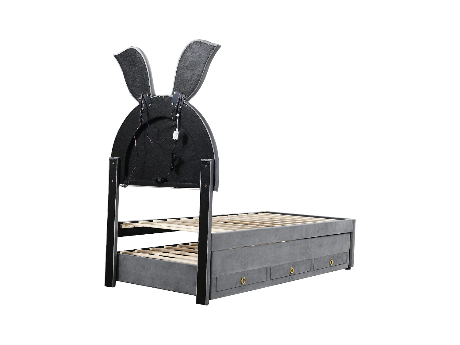 Lit gigogne 90x200+90x190cm, lit enfant capitonné en tissu velours, avec tiroir de rangement, tête de lit LED avec oreilles de lapin, gris