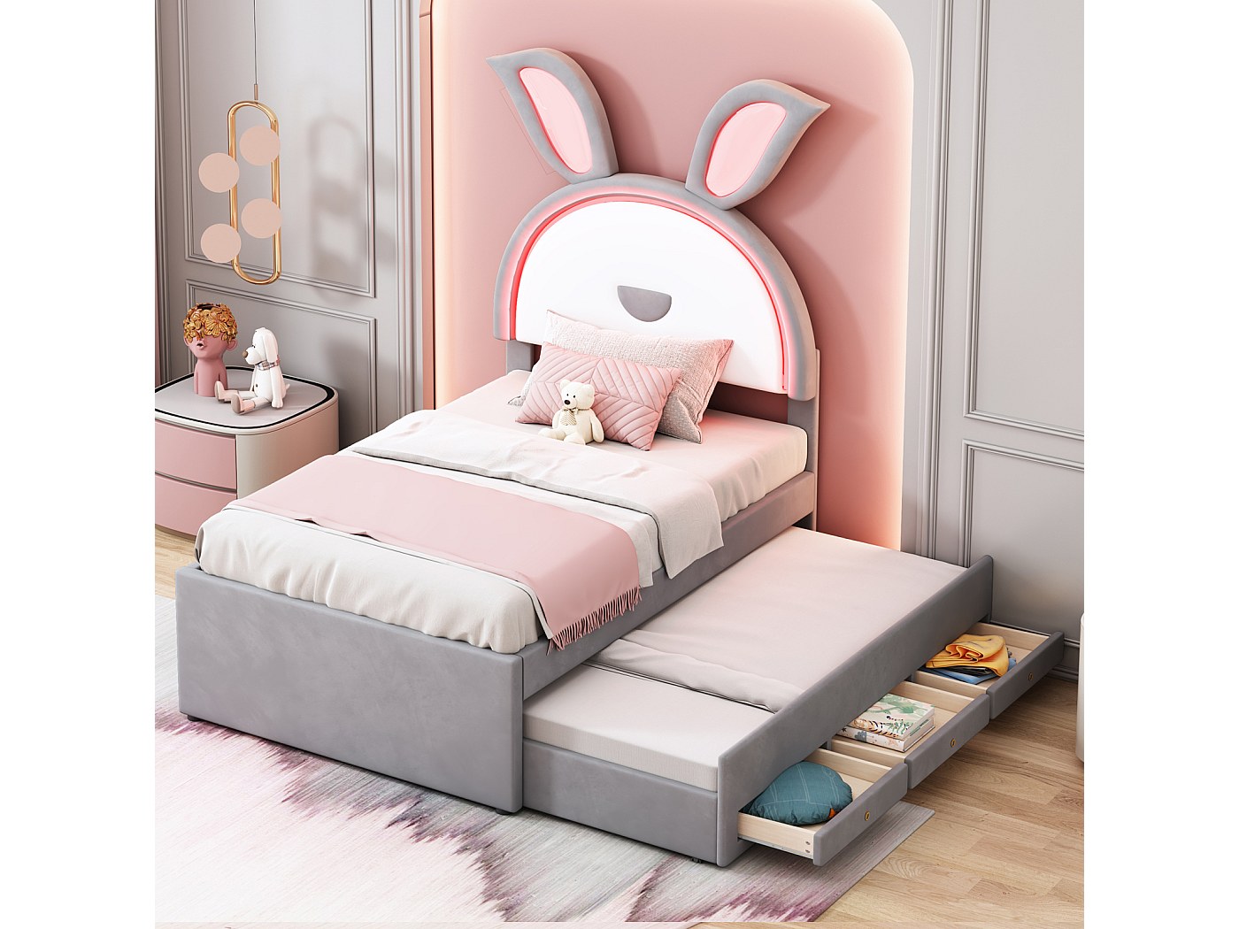 Lit Gigogne 90x200cm+90x190cm, Lit Capitonné D'enfant, Lit Extensible En Lin Avec Sommier A Lattes Tete De Lit Reglable Gris 81804250