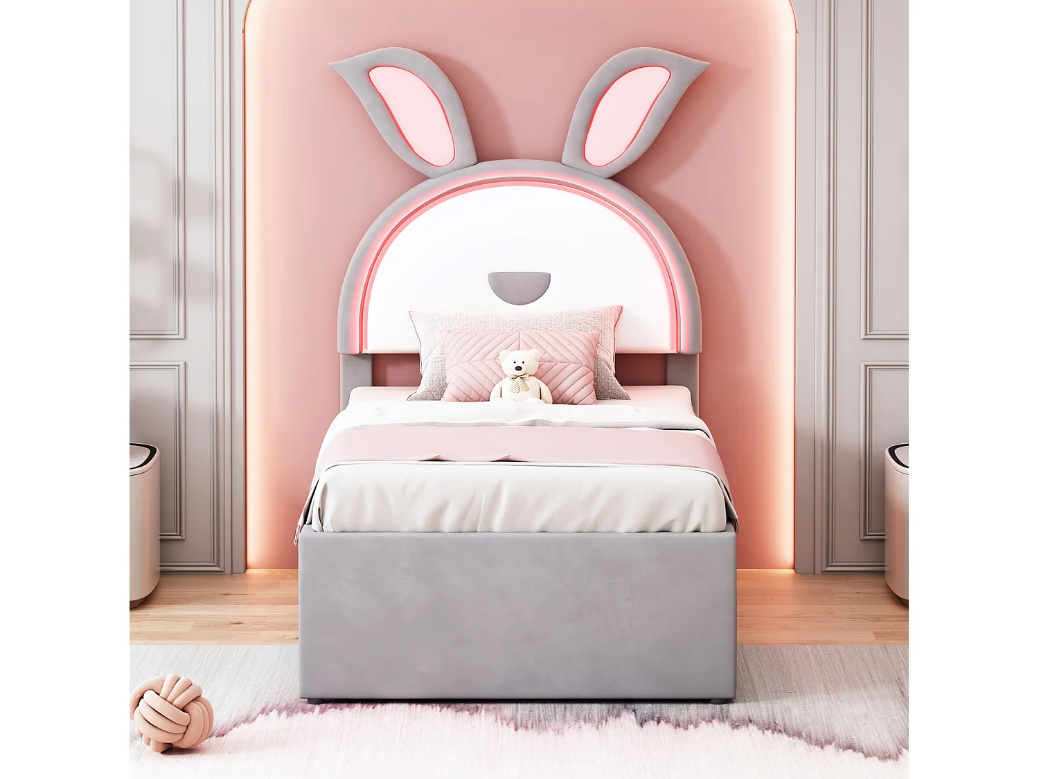 Lit gigogne 90x200+90x190cm, lit enfant capitonné en tissu velours, avec tiroir de rangement, tête de lit LED avec oreilles de lapin, gris