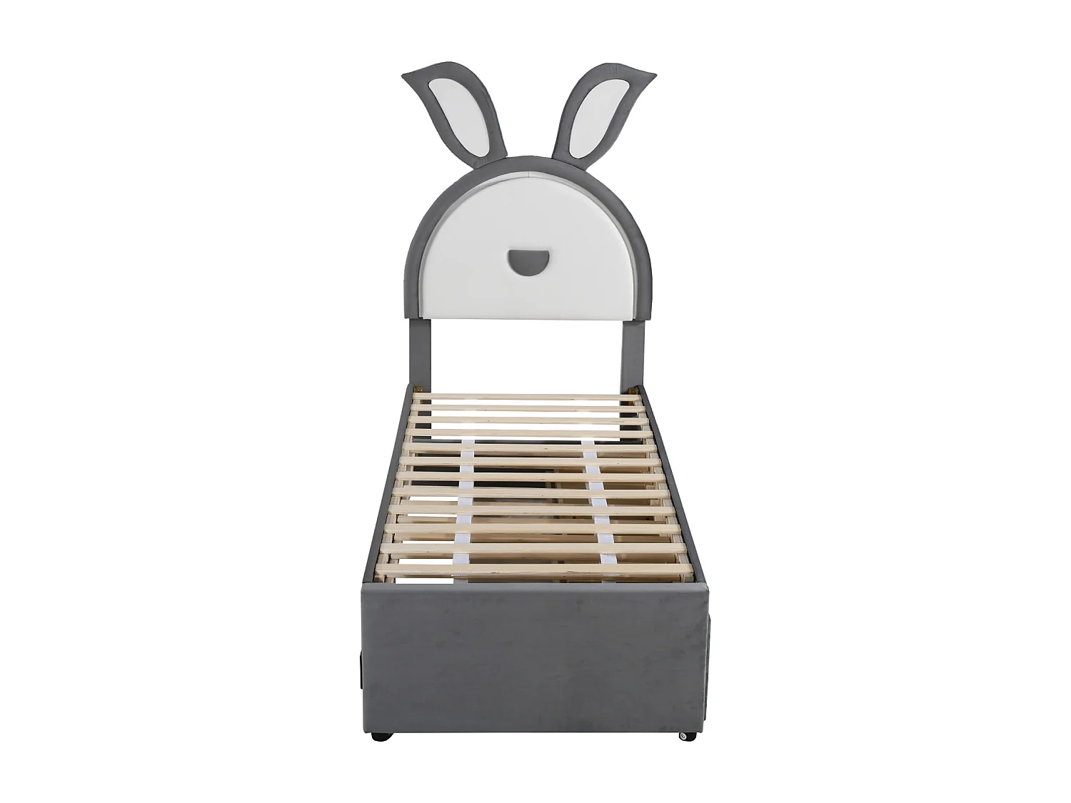 Lit gigogne 90x200+90x190cm, lit enfant capitonné en tissu velours, avec tiroir de rangement, tête de lit LED avec oreilles de lapin, gris