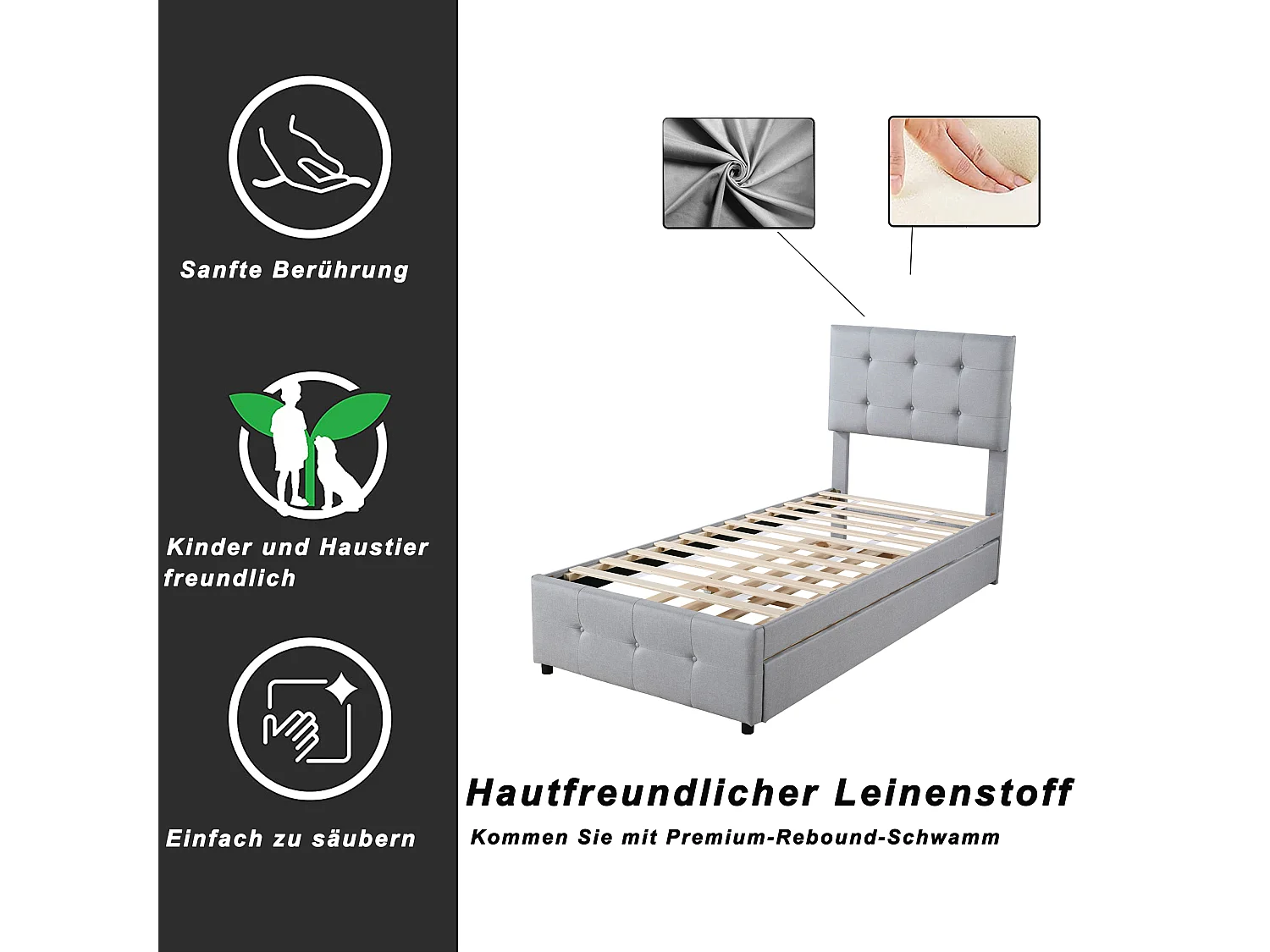 Letto estraibile 90x200cm+90x190cm, Letto imbottito per bambini, letto estensibile in lino con rete a doghe, testiera regolabile, grigio