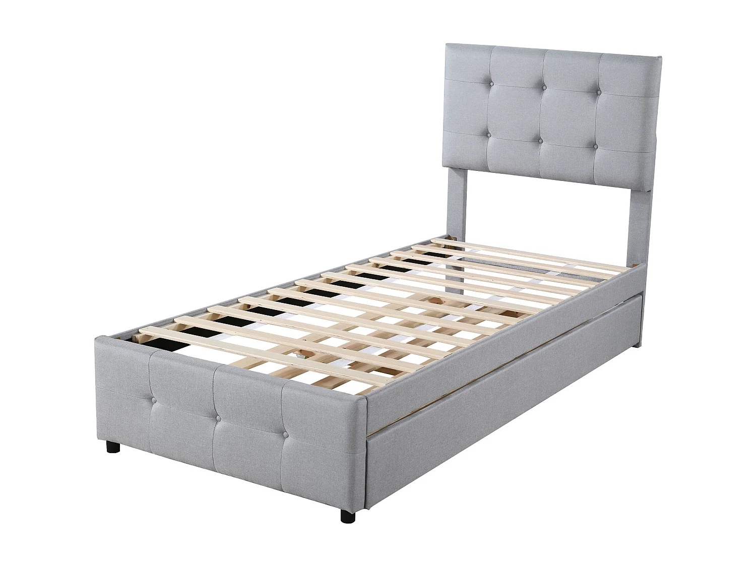 Letto estraibile 90x200cm+90x190cm, Letto imbottito per bambini, letto estensibile in lino con rete a doghe, testiera regolabile, grigio