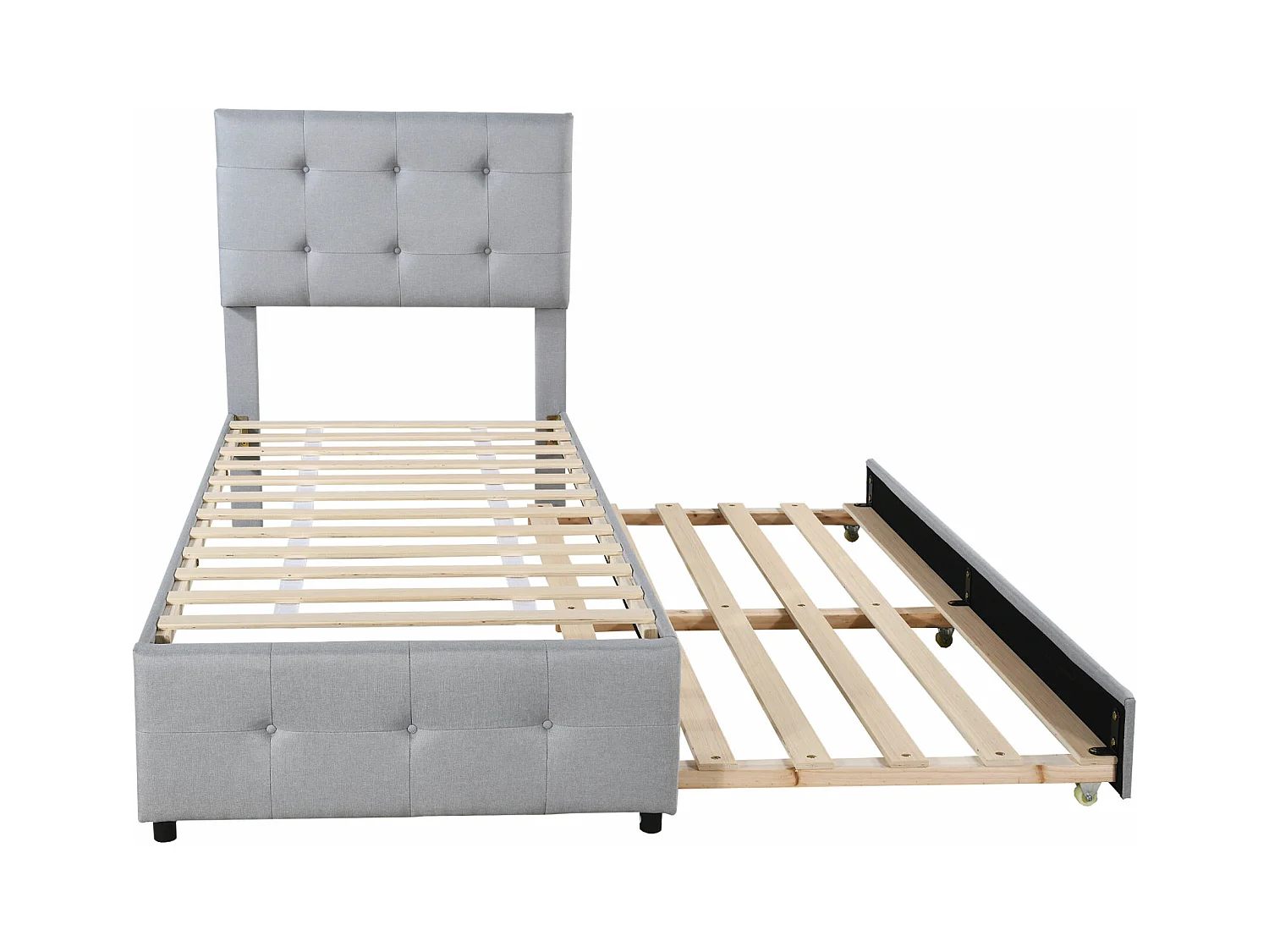 Letto estraibile 90x200cm+90x190cm, Letto imbottito per bambini, letto estensibile in lino con rete a doghe, testiera regolabile, grigio