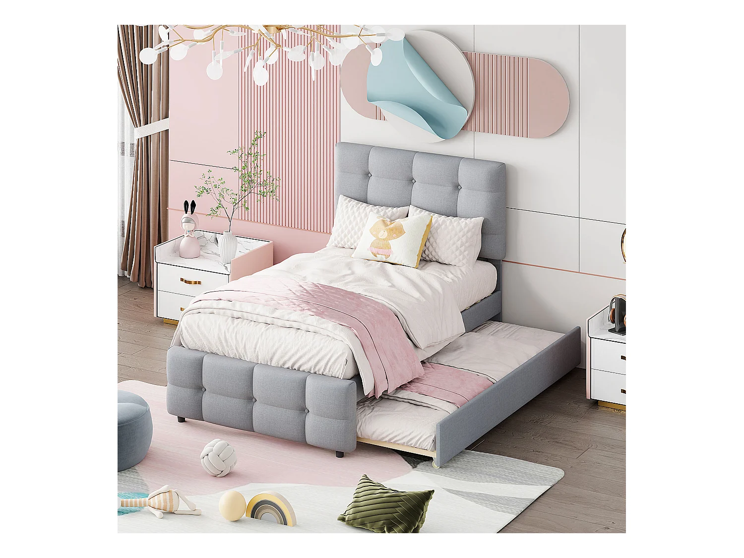 Lit gigogne 90x200cm+90x190cm, Lit capitonné d'enfant, lit extensible en lin avec sommier à lattes, tête de lit réglable, gris