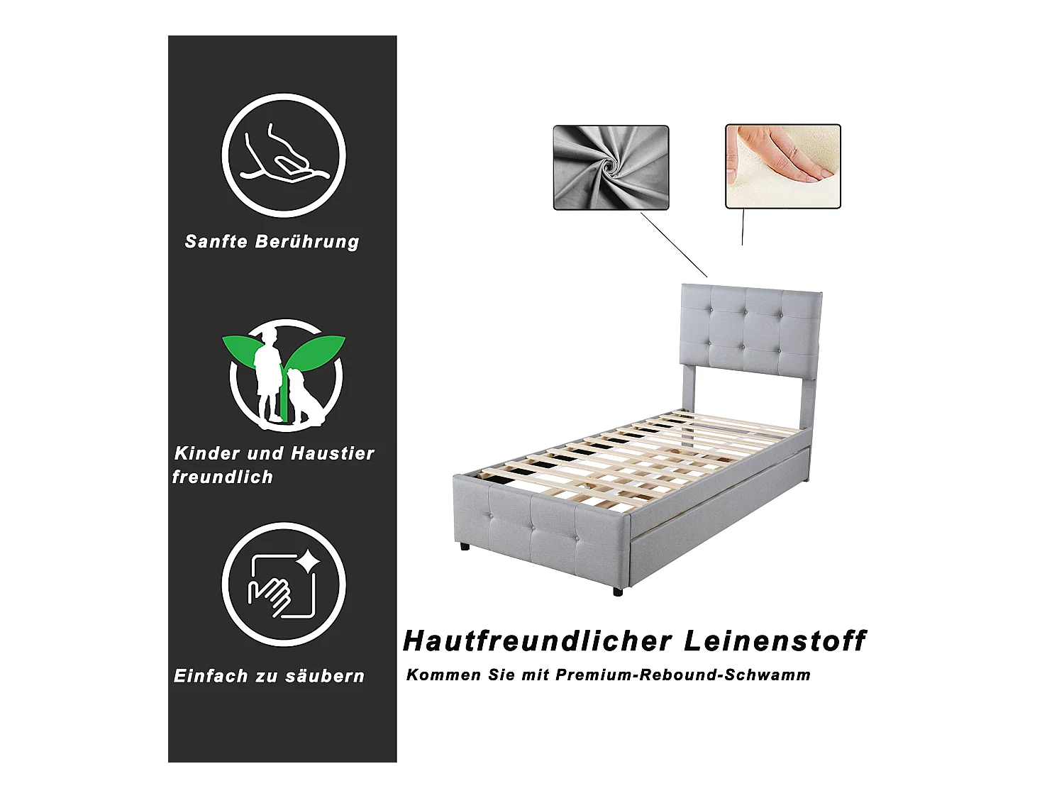 Lit gigogne 90x200cm+90x190cm, Lit capitonné d'enfant, lit extensible en lin avec sommier à lattes, tête de lit réglable, gris