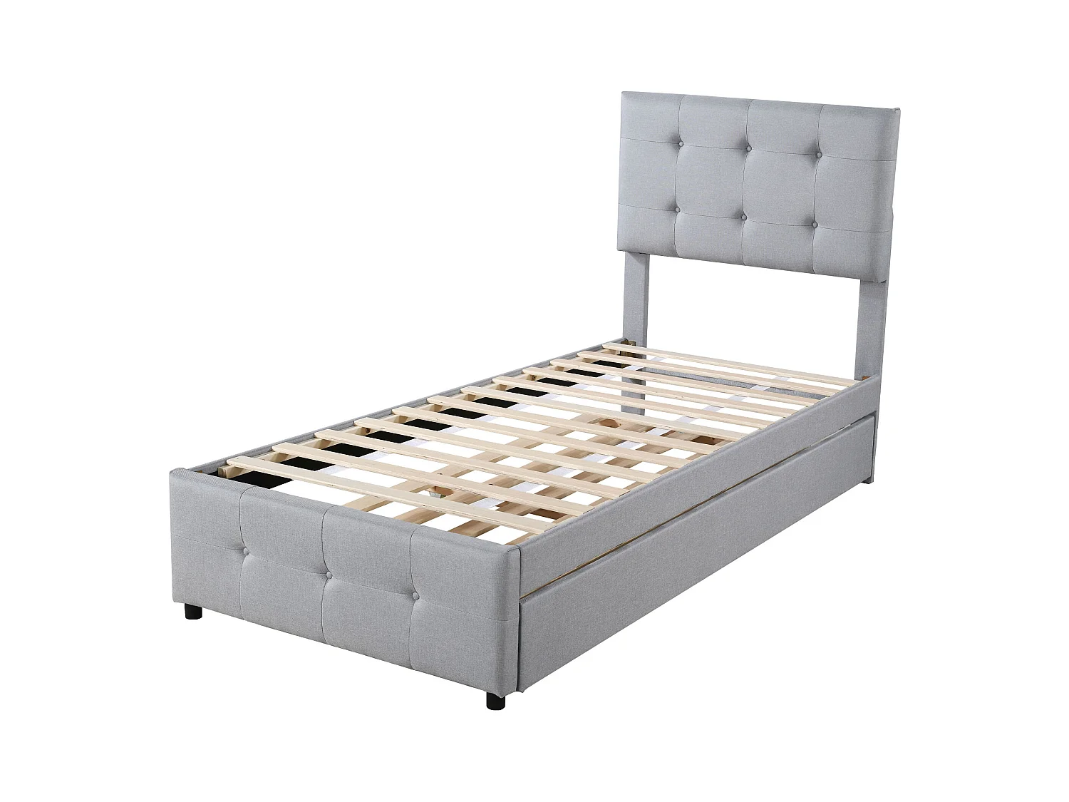 Lit gigogne 90x200cm+90x190cm, Lit capitonné d'enfant, lit extensible en lin avec sommier à lattes, tête de lit réglable, gris