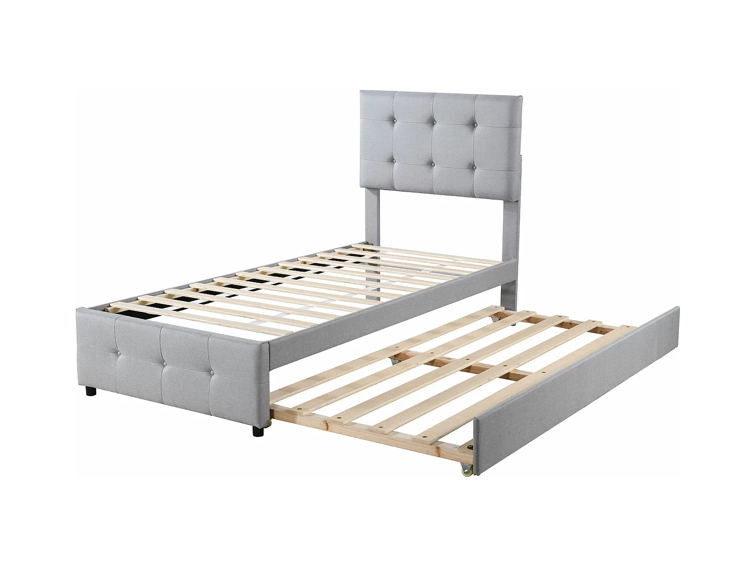 Lit gigogne 90x200cm+90x190cm, Lit capitonné d'enfant, lit extensible en lin avec sommier à lattes, tête de lit réglable, gris