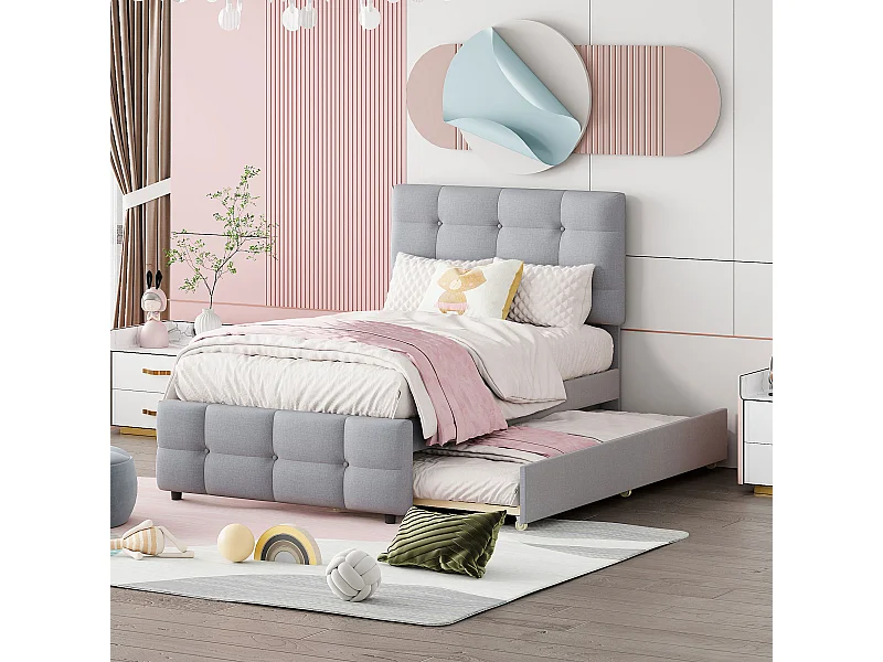 Lit gigogne 90x200cm+90x190cm, Lit capitonné d'enfant, lit extensible en lin avec sommier à lattes, tête de lit réglable, gris