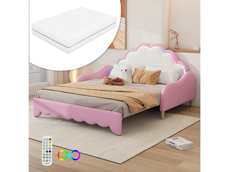 Cama nido 140x200cm, sofá cama con cabecero con luz ambiental, completo con colchón, mando a distancia, rosa