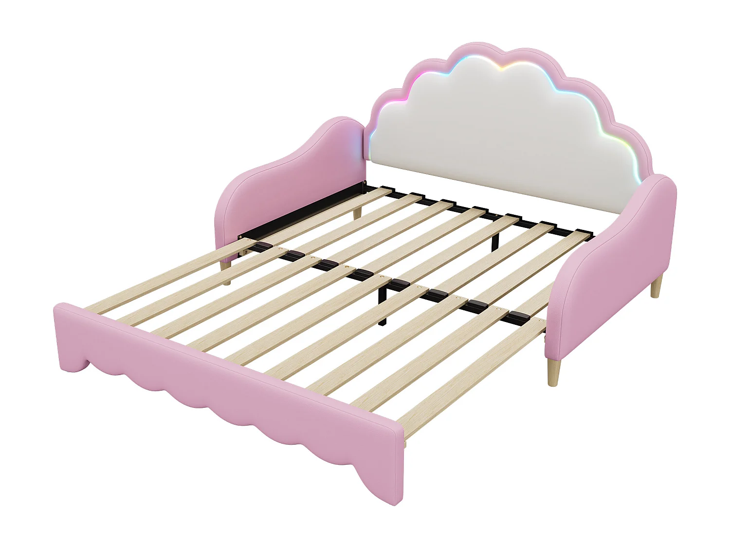 Lit gigogne 140x200cm, canapé lit avec tête de lit avec lumière d'ambiance, complet avec matelas, télécommande, rose