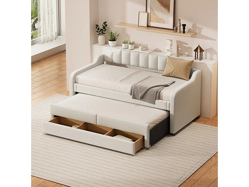 Uitschuifbed 90x200+90x190cm, gestoffeerd kinderbed met rolbox, laden, slaapbank, beige