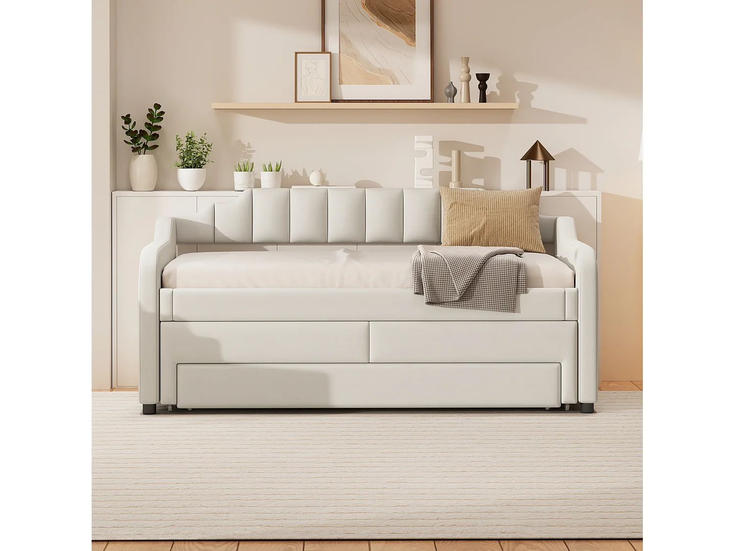 Uitschuifbed 90x200+90x190cm, gestoffeerd kinderbed met rolbox, laden, slaapbank, beige