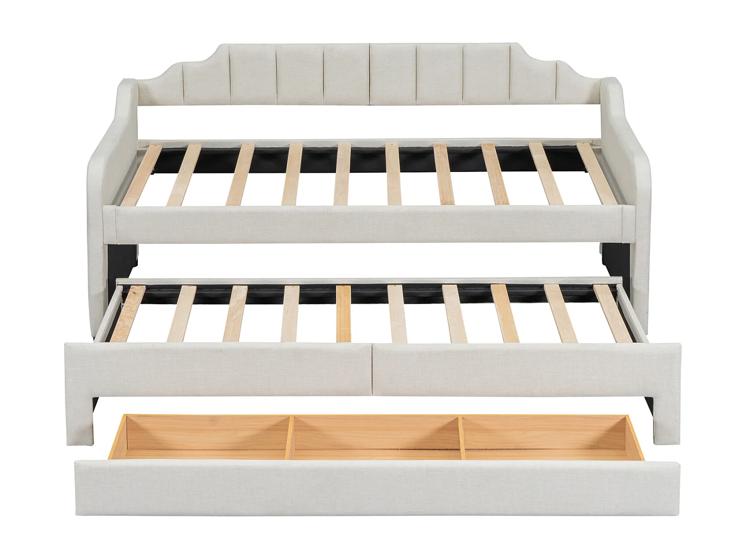 Uitschuifbed 90x200+90x190cm, gestoffeerd kinderbed met rolbox, laden, slaapbank, beige