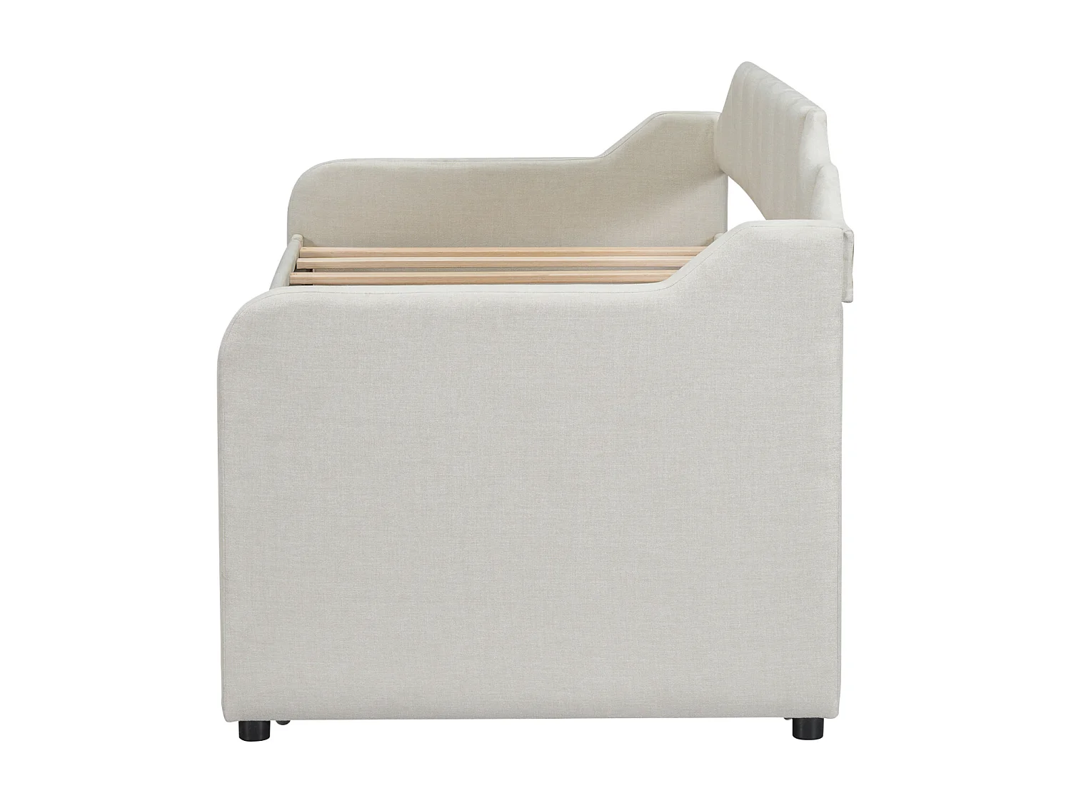 Uitschuifbed 90x200+90x190cm, gestoffeerd kinderbed met rolbox, laden, slaapbank, beige