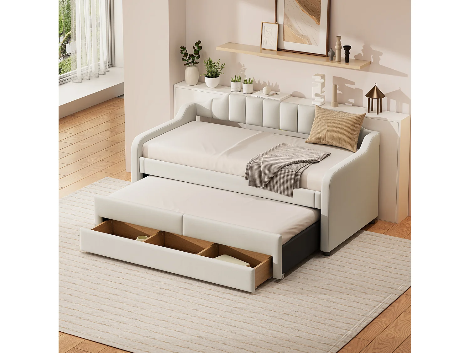 Uitschuifbed 90x200+90x190cm, gestoffeerd kinderbed met rolbox, laden, slaapbank, beige