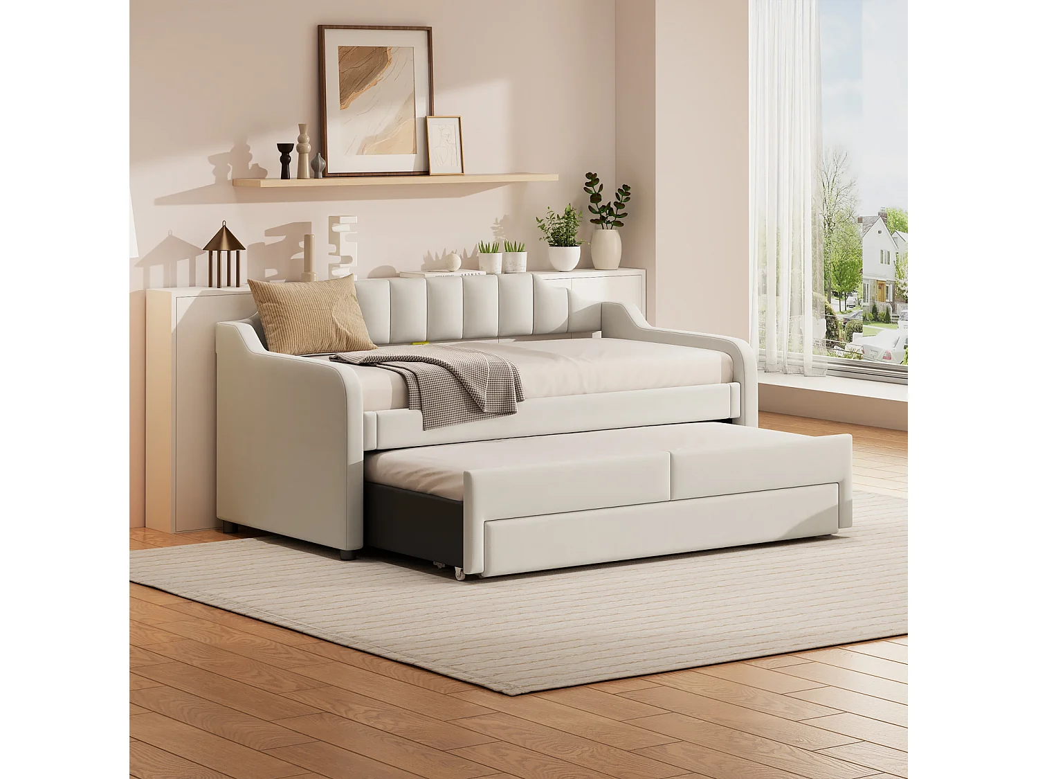 Uitschuifbed 90x200+90x190cm, gestoffeerd kinderbed met rolbox, laden, slaapbank, beige