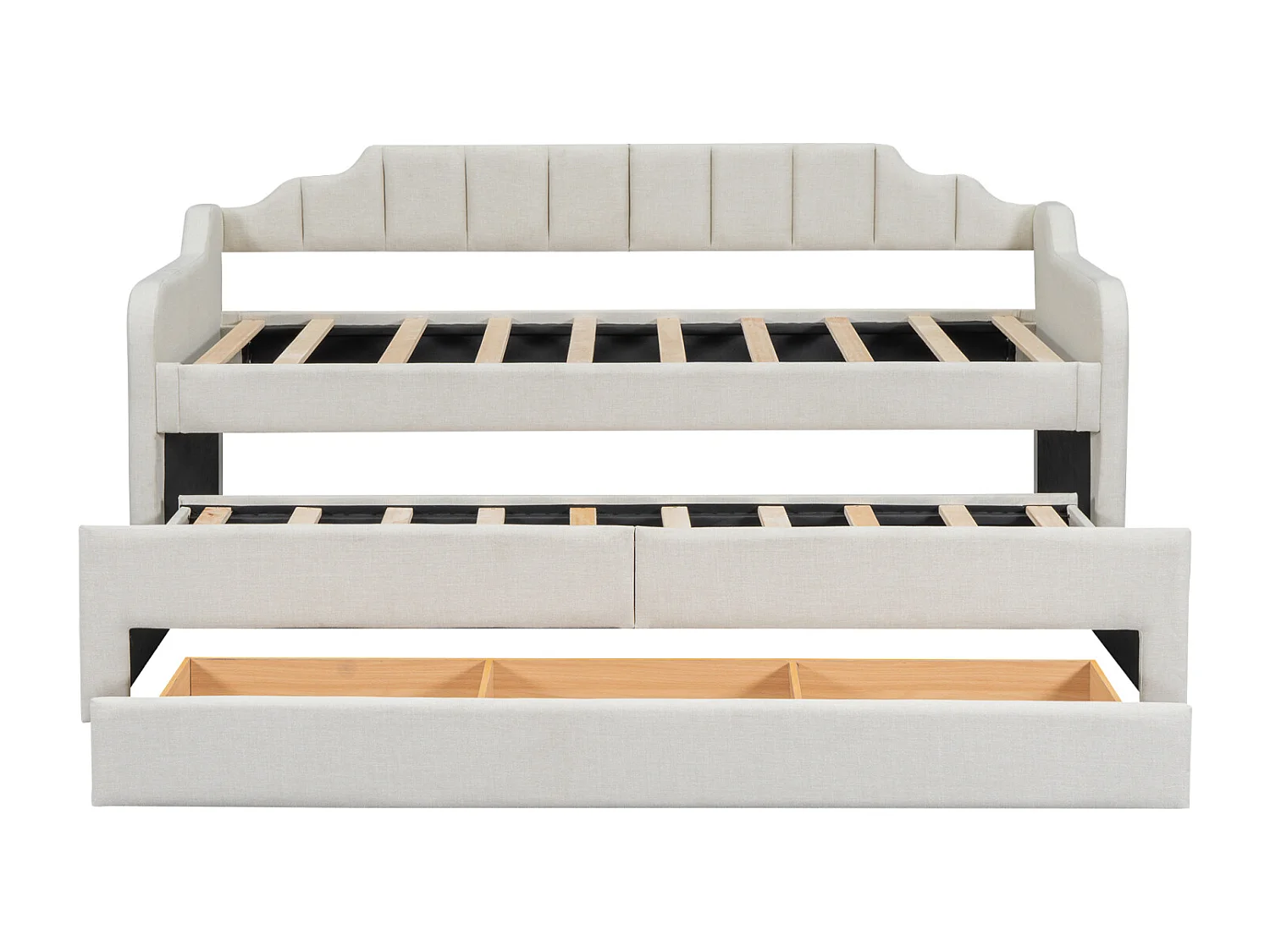 Uitschuifbed 90x200+90x190cm, gestoffeerd kinderbed met rolbox, laden, slaapbank, beige