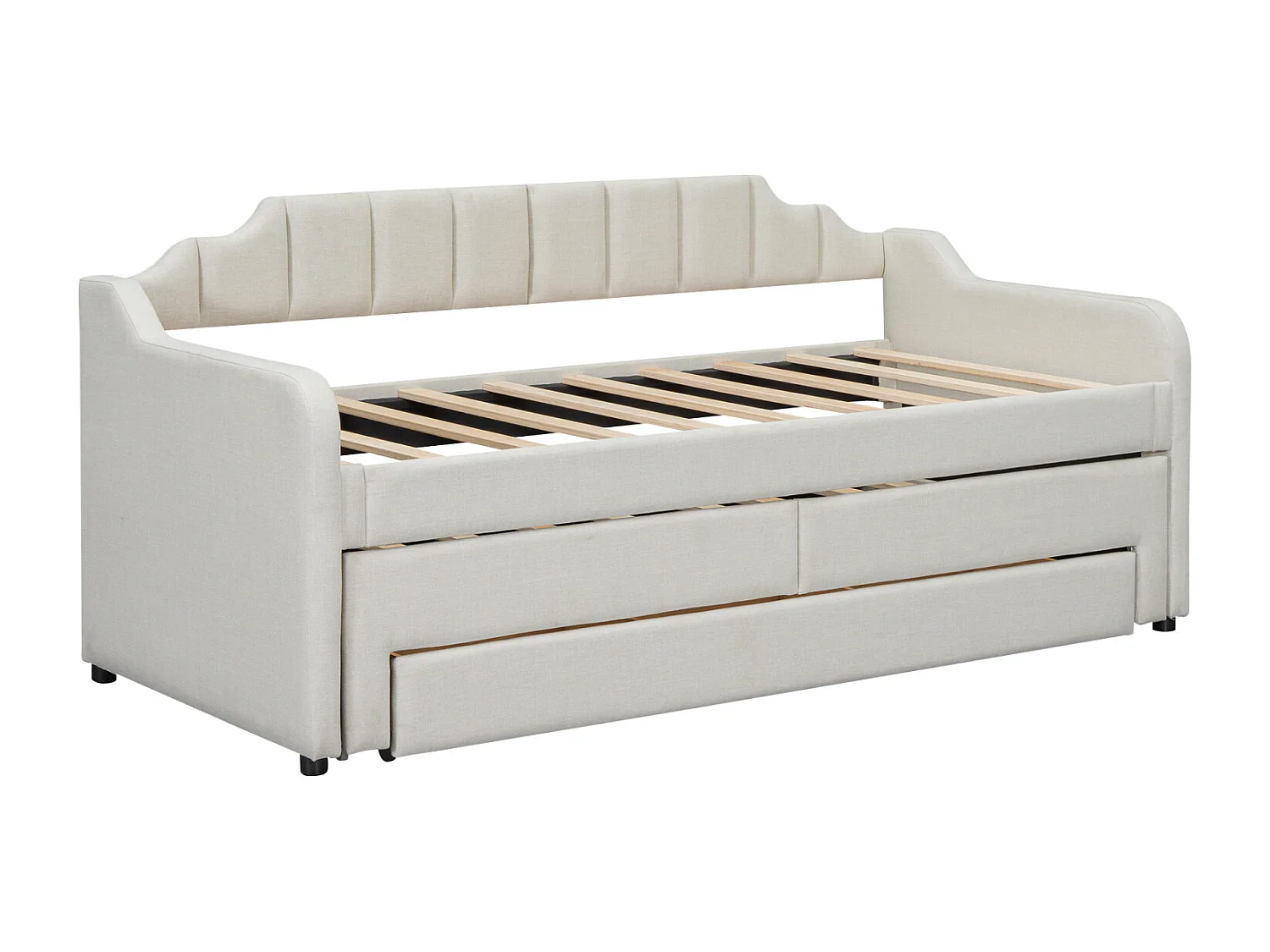 Uitschuifbed 90x200+90x190cm, gestoffeerd kinderbed met rolbox, laden, slaapbank, beige