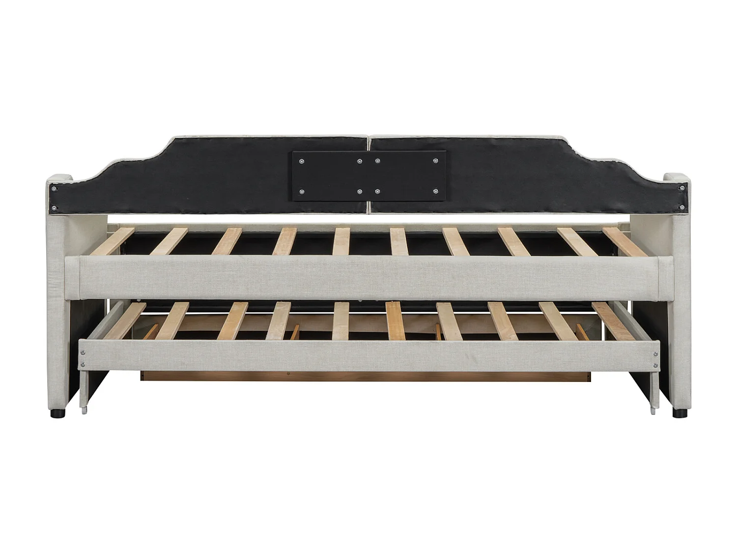 Uitschuifbed 90x200+90x190cm, gestoffeerd kinderbed met rolbox, laden, slaapbank, beige