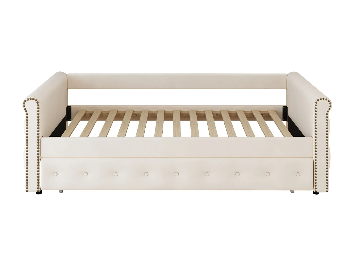 Uitschuifbed 2x90x200cm - Uitschuifbare slaapbank met lattenbodems, zonder matras - fluwelen stoffen bed - Beige