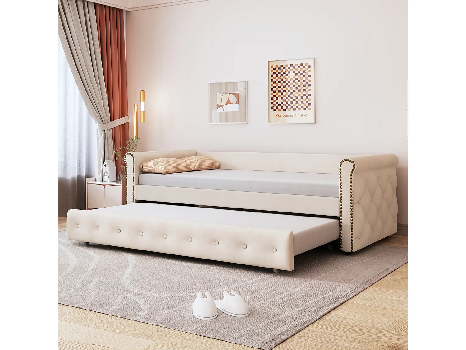 Uitschuifbed 2x90x200cm - Uitschuifbare slaapbank met lattenbodems, zonder matras - fluwelen stoffen bed - Beige