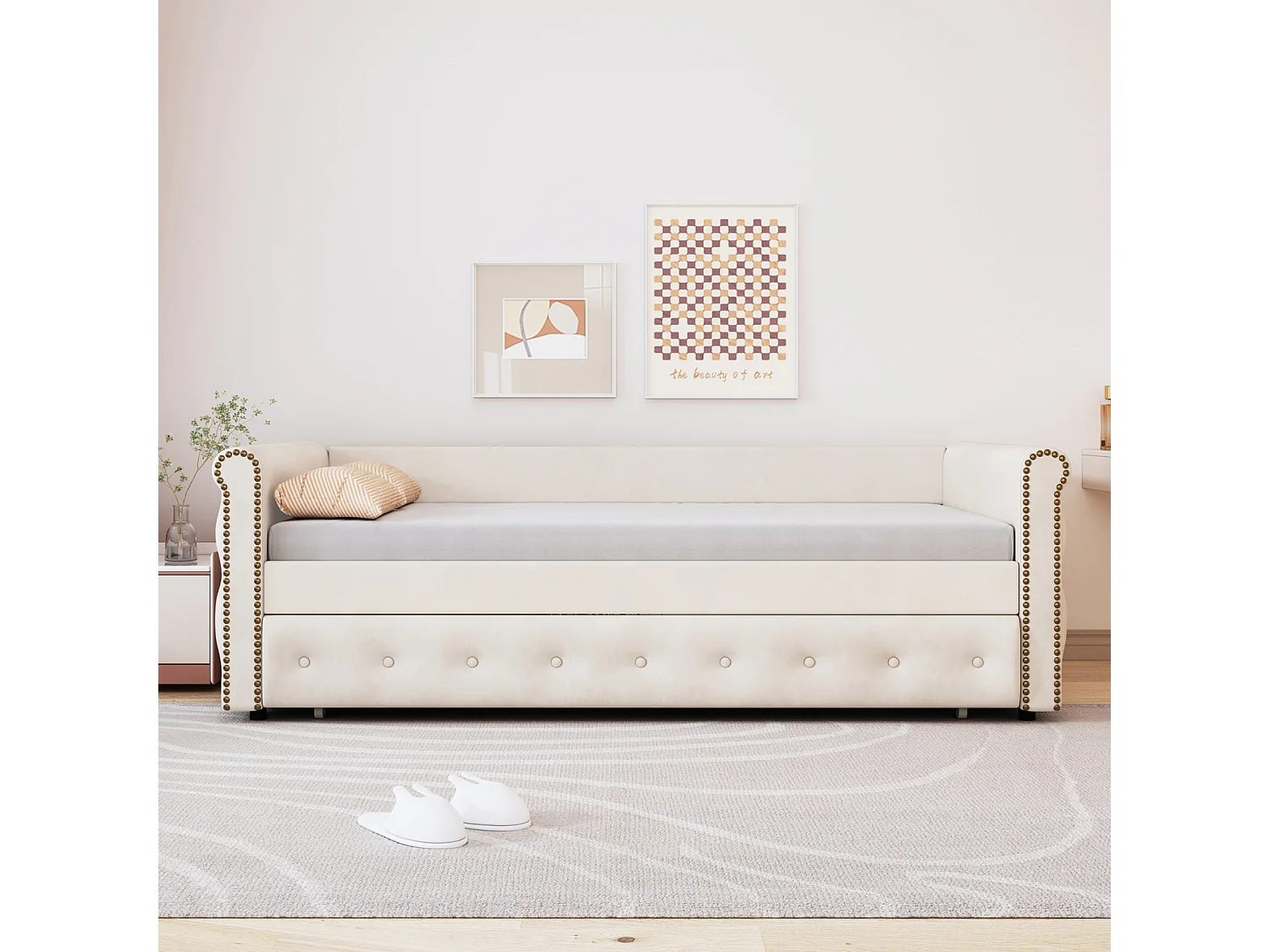 Uitschuifbed 2x90x200cm - Uitschuifbare slaapbank met lattenbodems, zonder matras - fluwelen stoffen bed - Beige