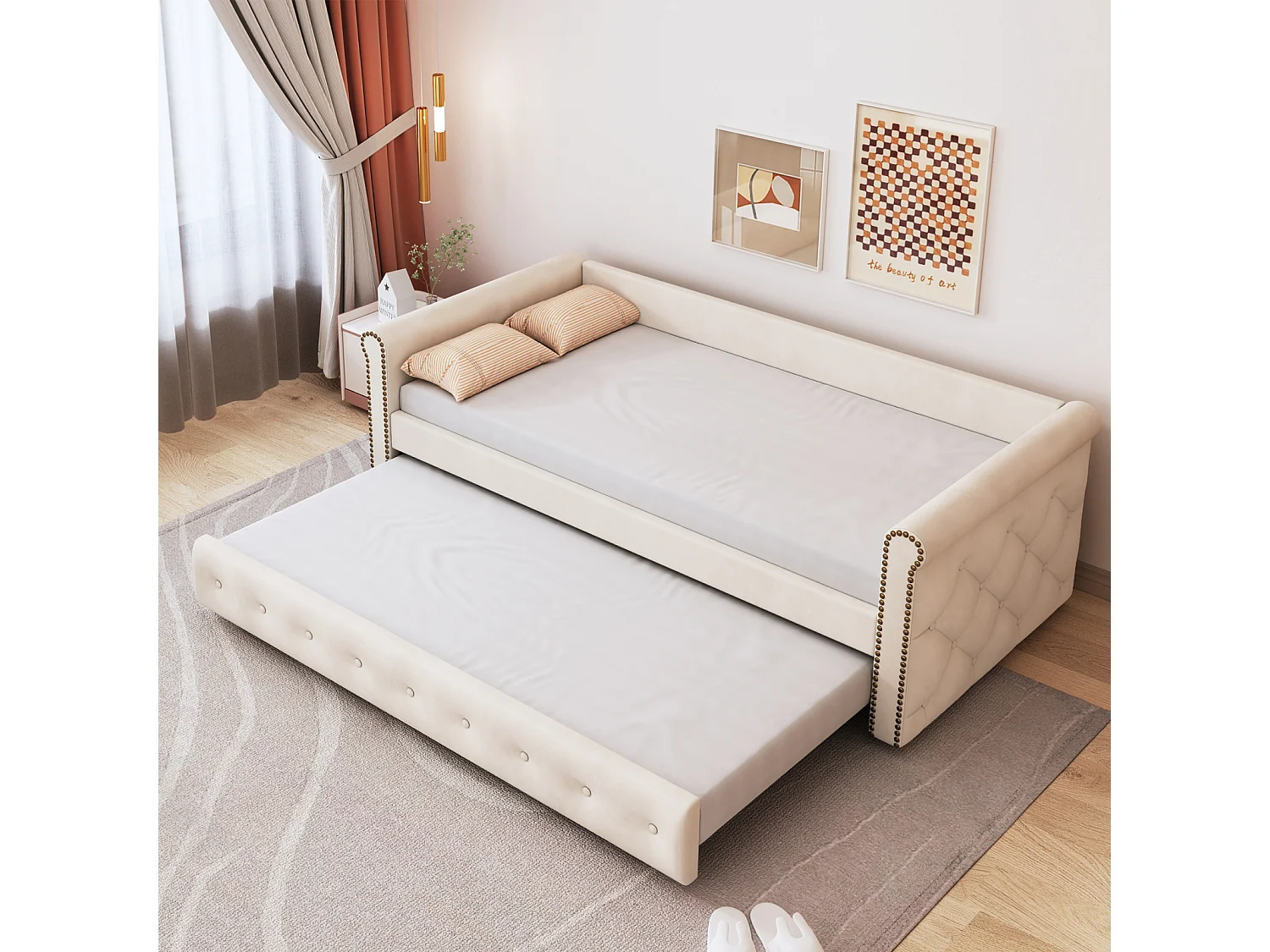 Uitschuifbed 2x90x200cm - Uitschuifbare slaapbank met lattenbodems, zonder matras - fluwelen stoffen bed - Beige