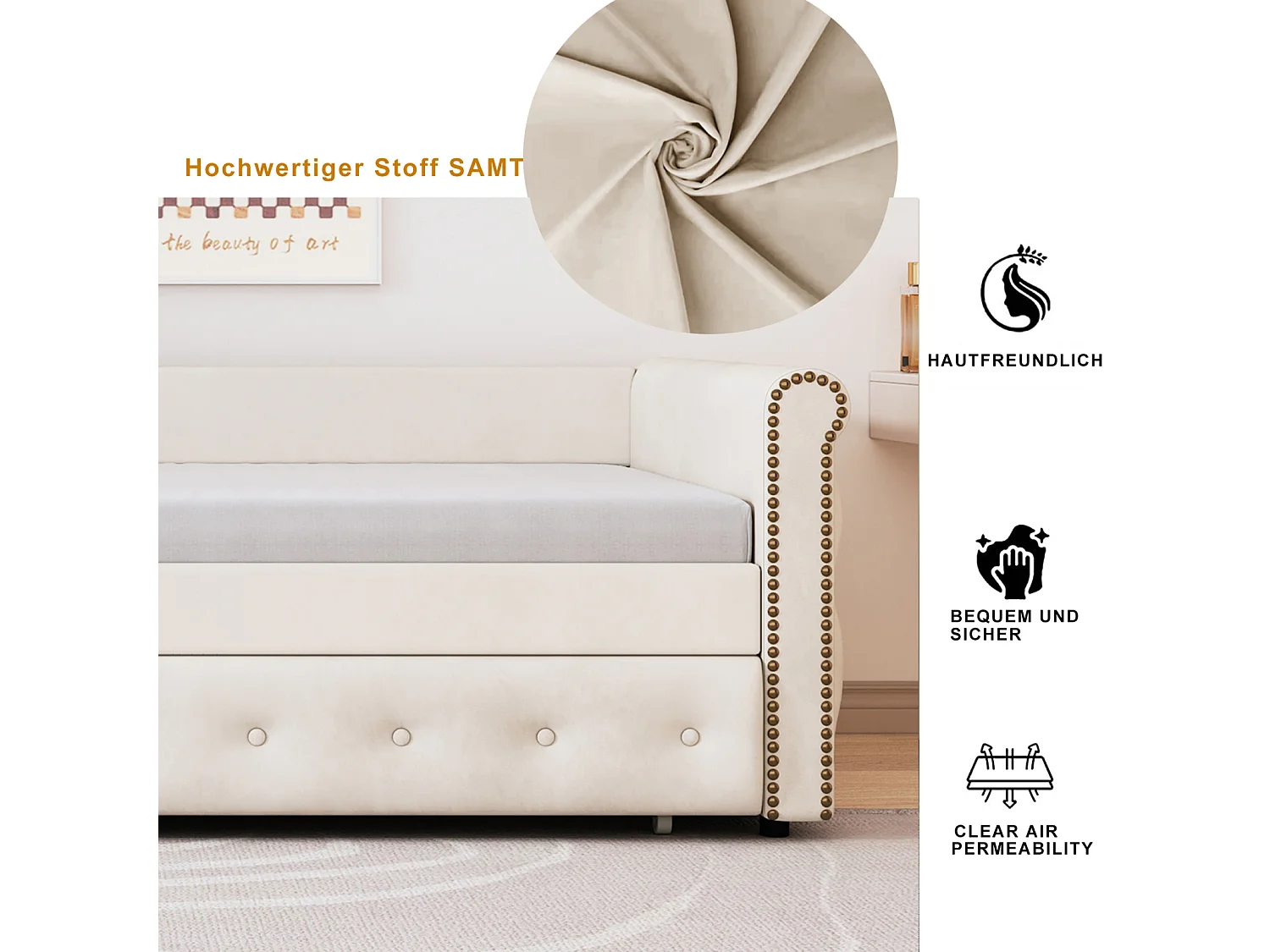 Uitschuifbed 2x90x200cm - Uitschuifbare slaapbank met lattenbodems, zonder matras - fluwelen stoffen bed - Beige