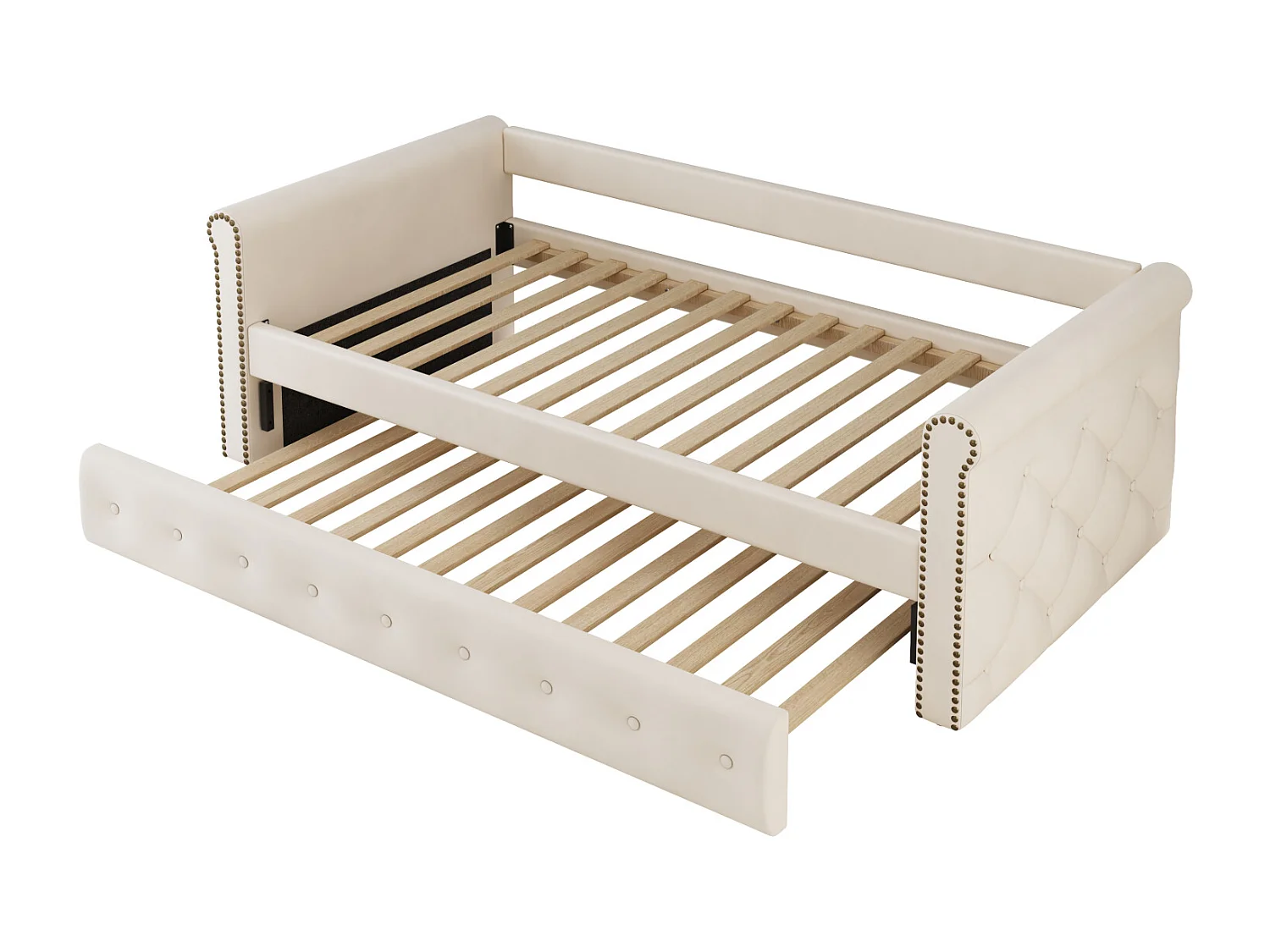Uitschuifbed 2x90x200cm - Uitschuifbare slaapbank met lattenbodems, zonder matras - fluwelen stoffen bed - Beige