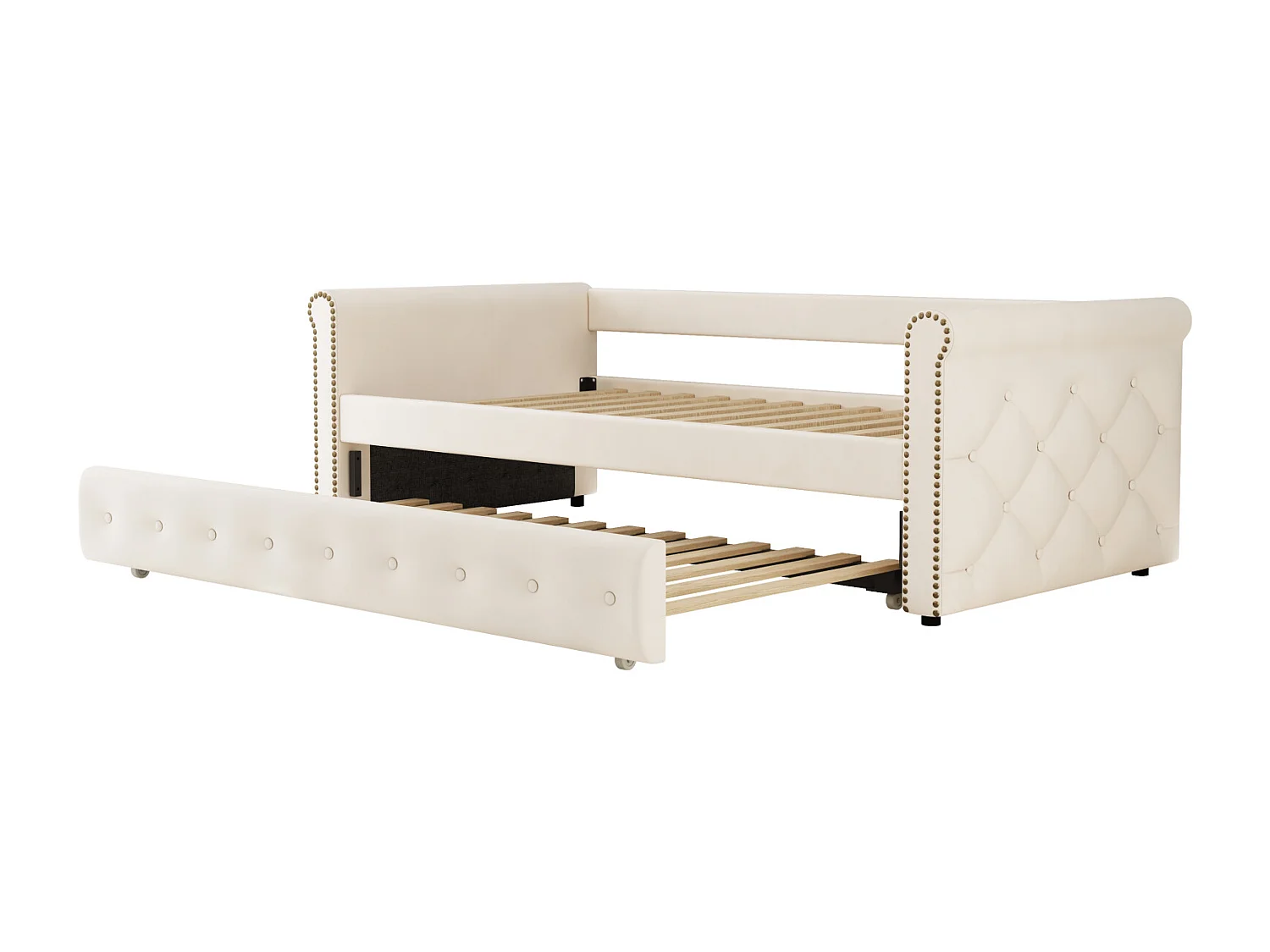 Uitschuifbed 2x90x200cm - Uitschuifbare slaapbank met lattenbodems, zonder matras - fluwelen stoffen bed - Beige
