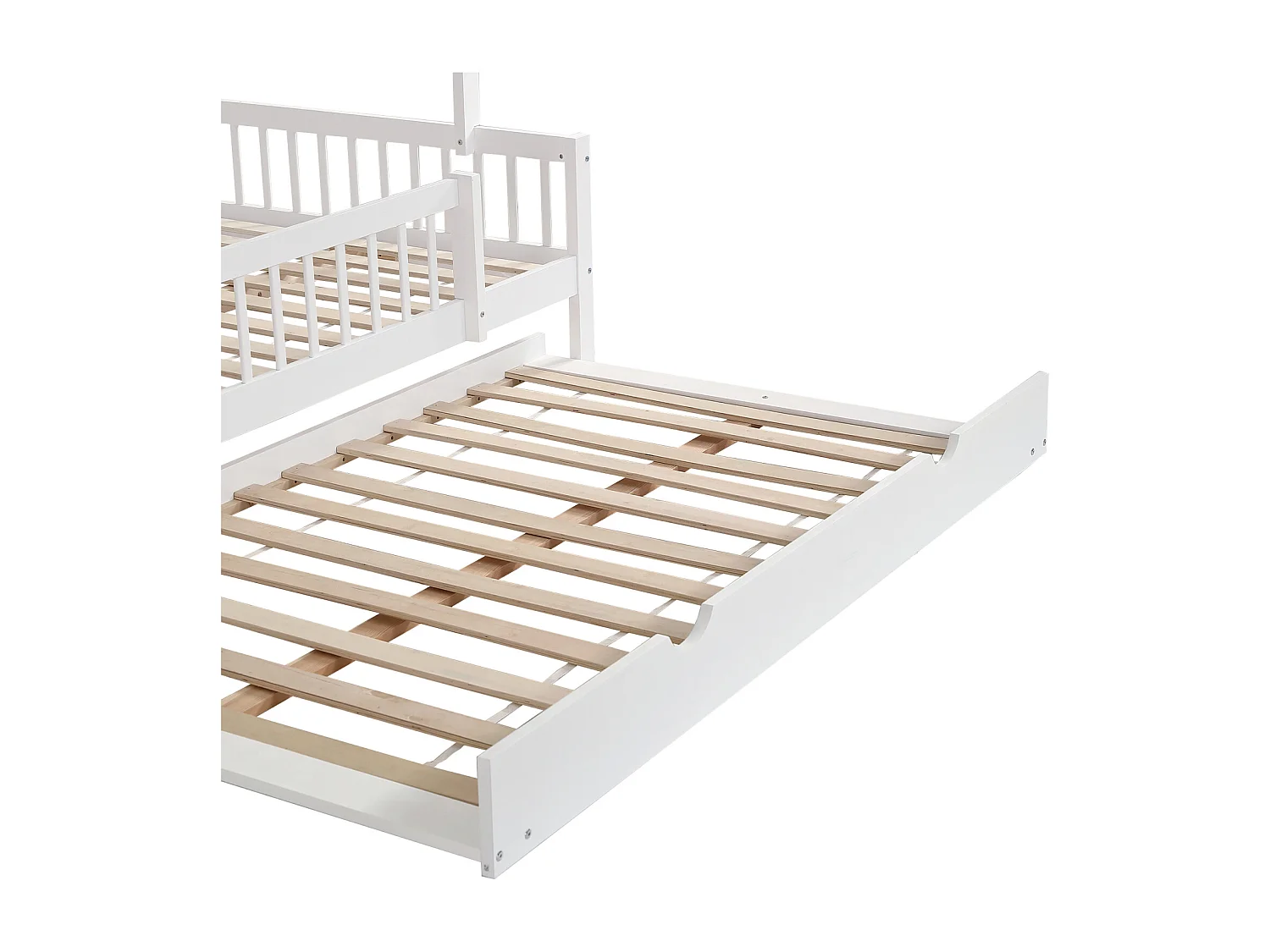 Lit de maison 120x200cm avec lit gigogne 120x190cm,Lit enfant avec toit,cheminée,grille sur 3 côtés,pin+MDF,Blanc