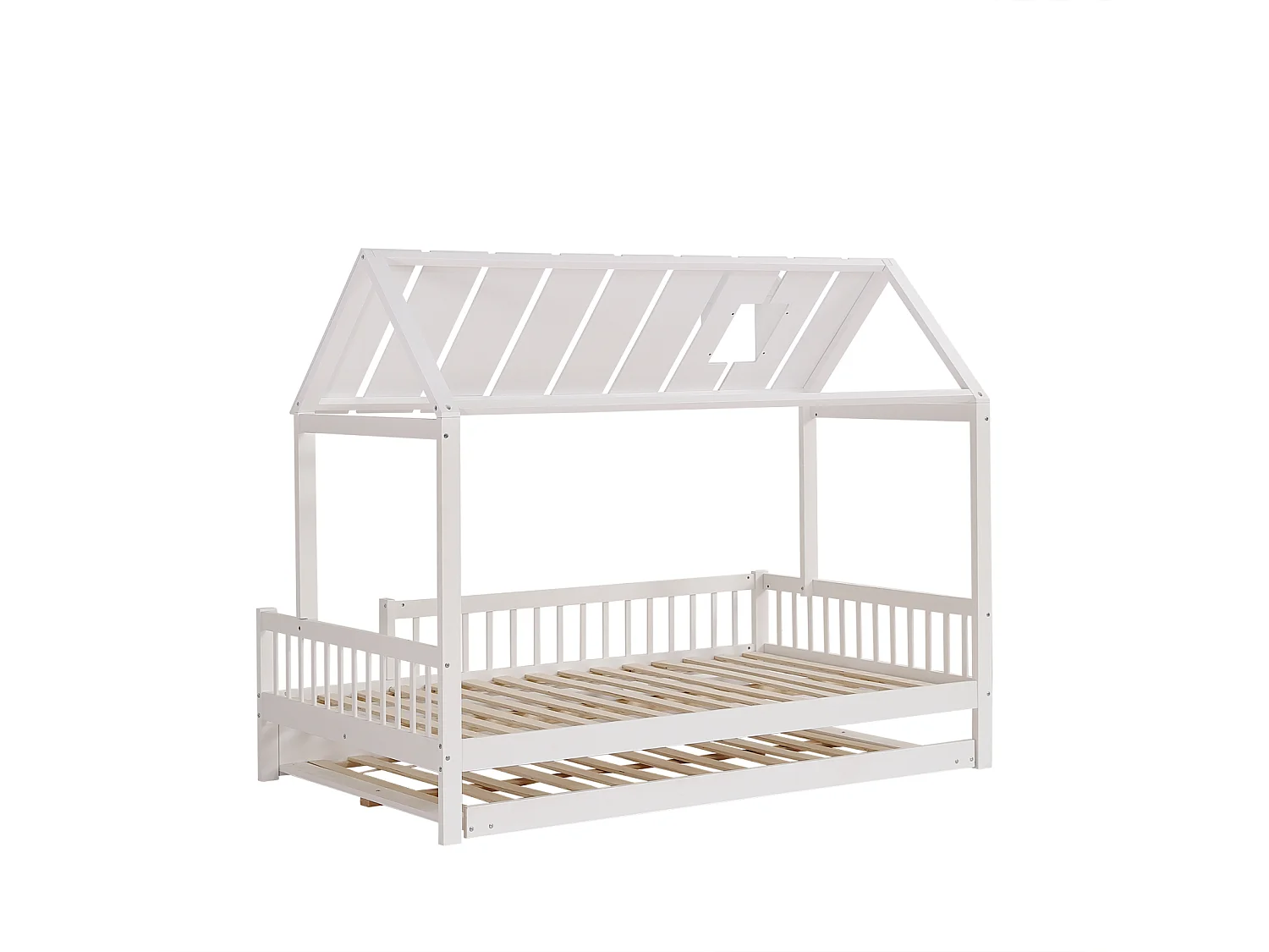 Cama de casa 120x200cm com cama de rodízio 120x190cm, Cama de criança com tecto, chaminé, grelha em 3 lados, pinho+MDF, Branco