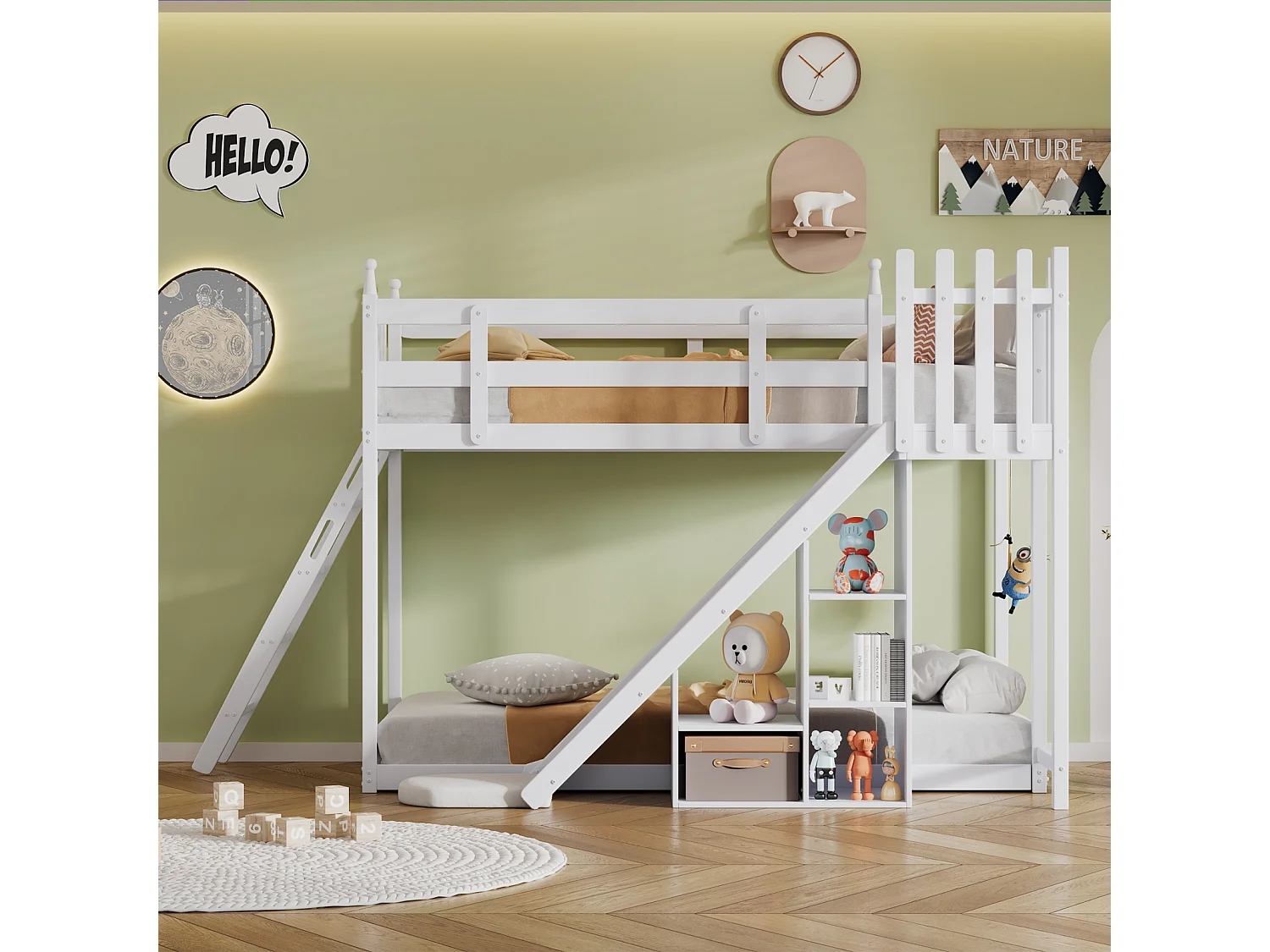 Etagenbett 90x200cm - Kinderbett aus Holz mit Leiter, Zäunen, Bettvorhang, Rutsche und Ablagefläche - Weiß