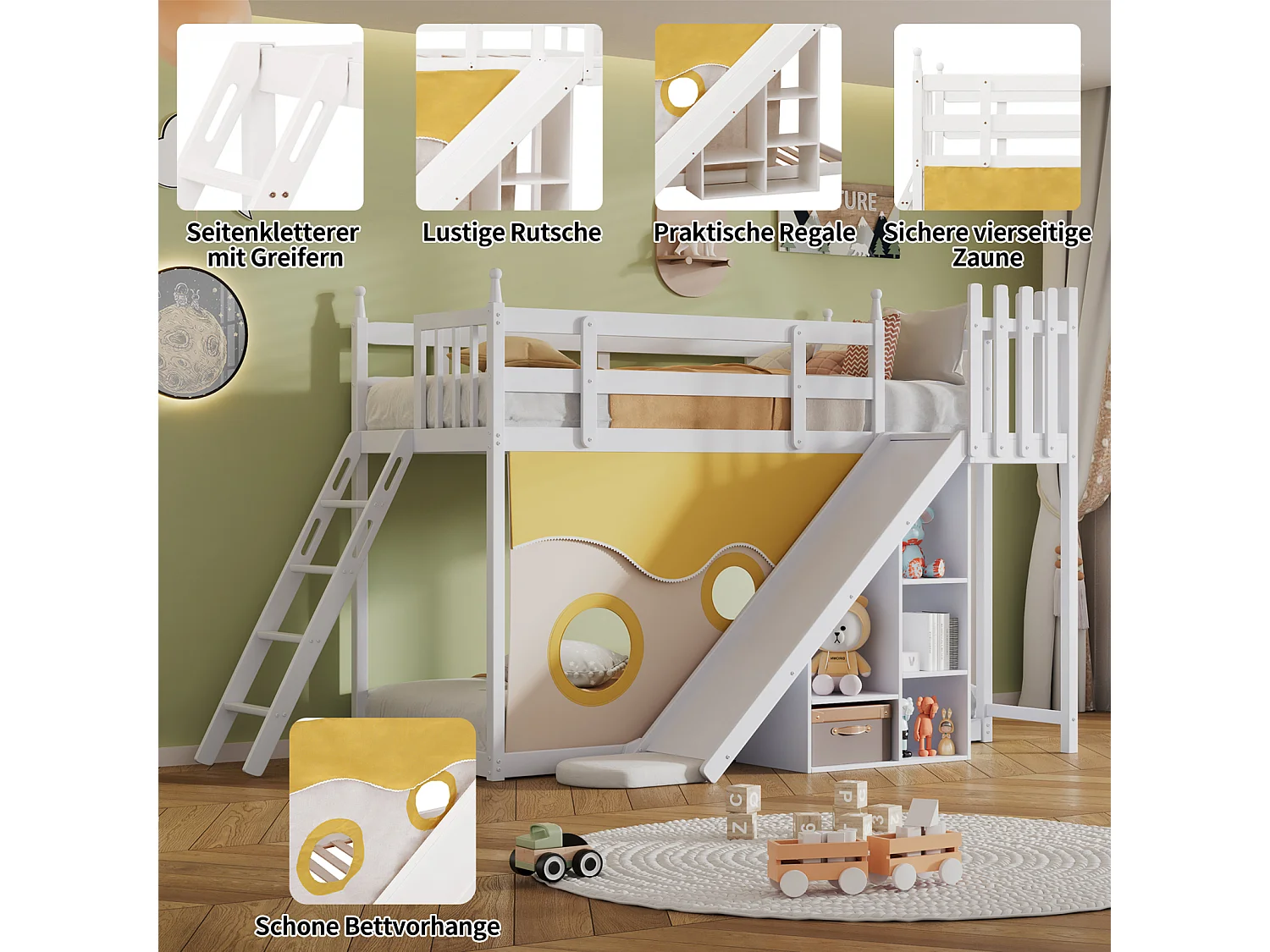 Etagenbett 90x200cm - Kinderbett aus Holz mit Leiter, Zäunen, Bettvorhang, Rutsche und Ablagefläche - Weiß