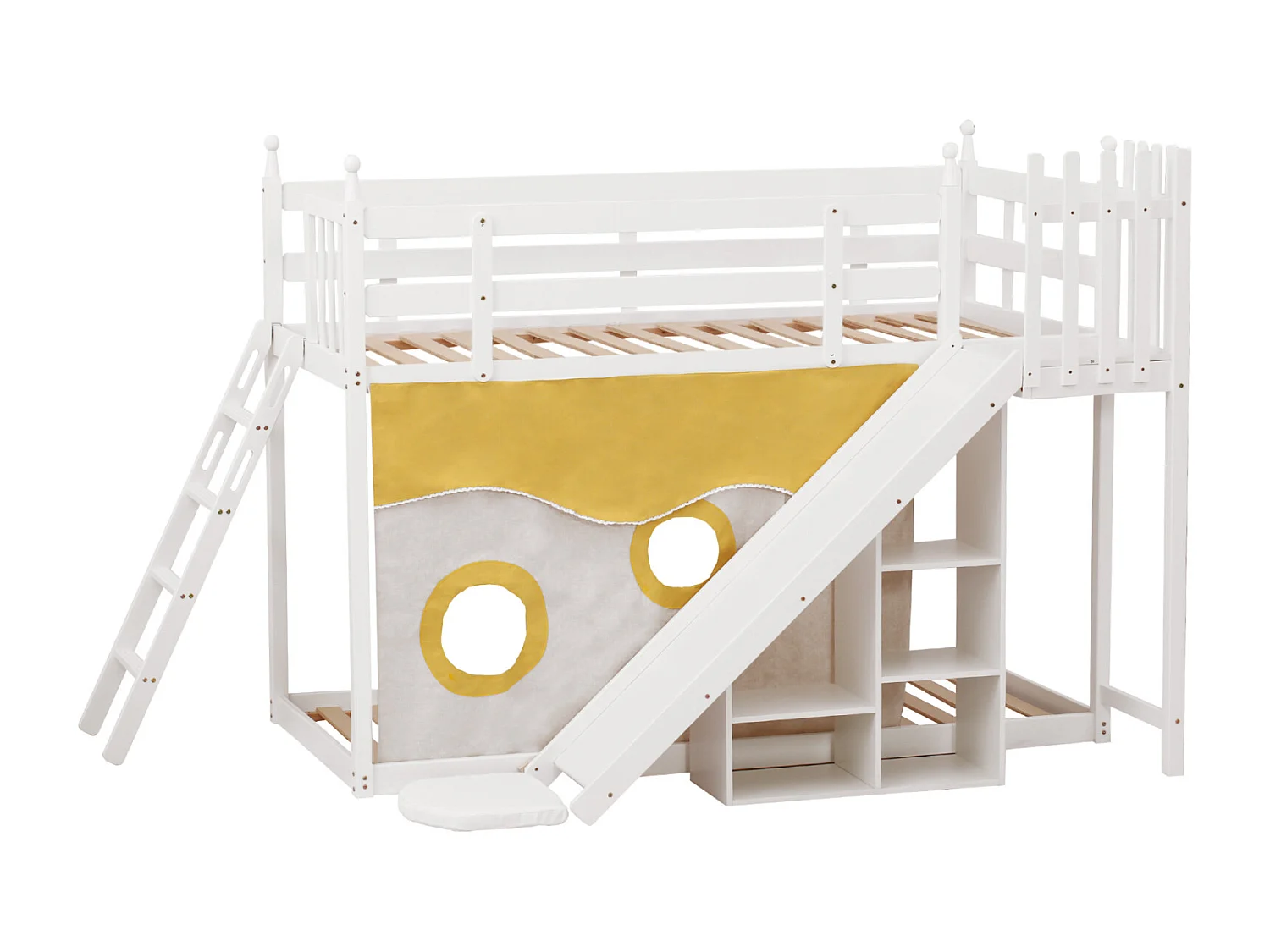 Etagenbett 90x200cm - Kinderbett aus Holz mit Leiter, Zäunen, Bettvorhang, Rutsche und Ablagefläche - Weiß