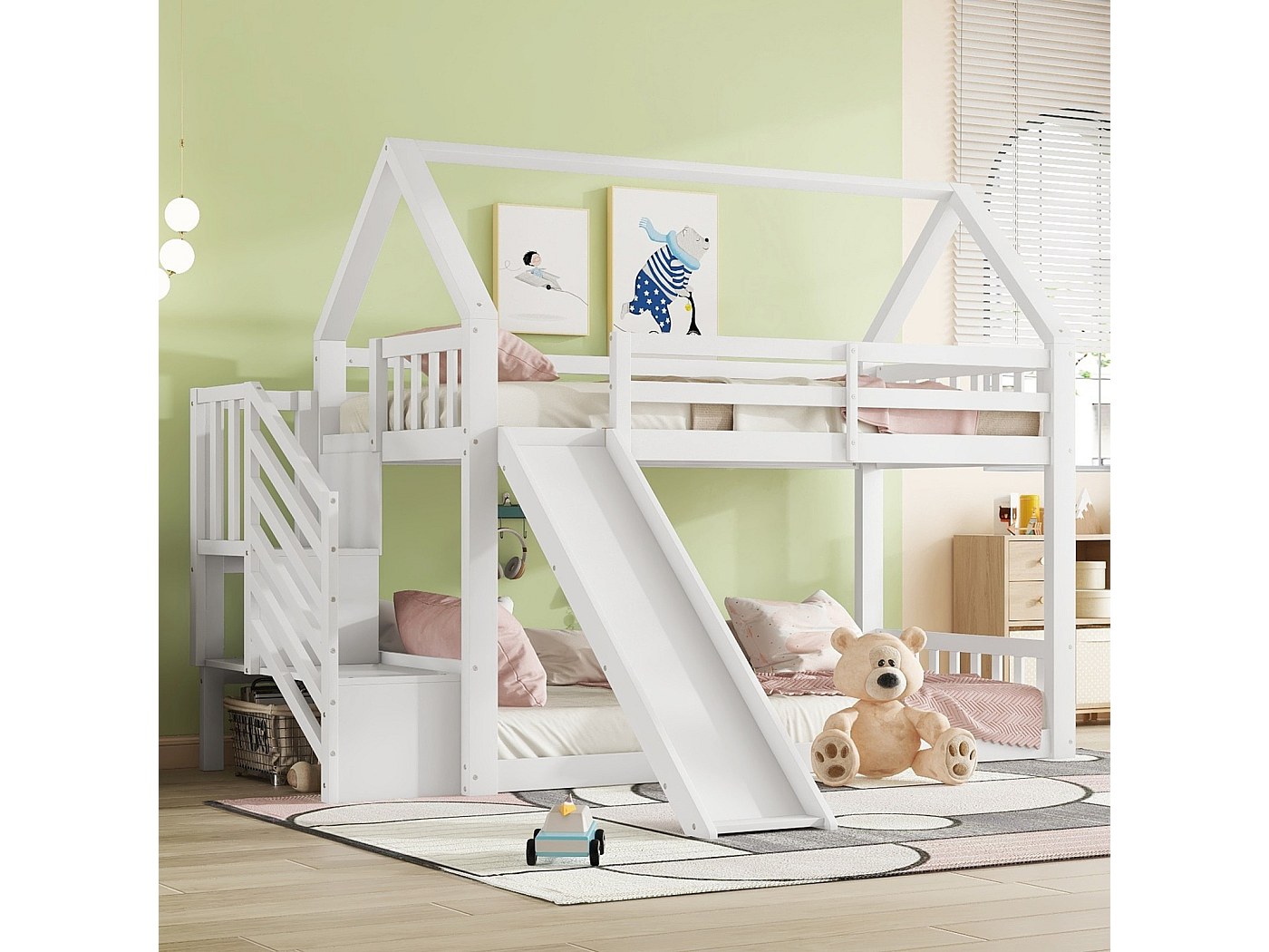 Lit Superposé Enfant 90x200 Cm Avec Toboggan Et Escalier Rangement - Cabane En Pin Et MDF