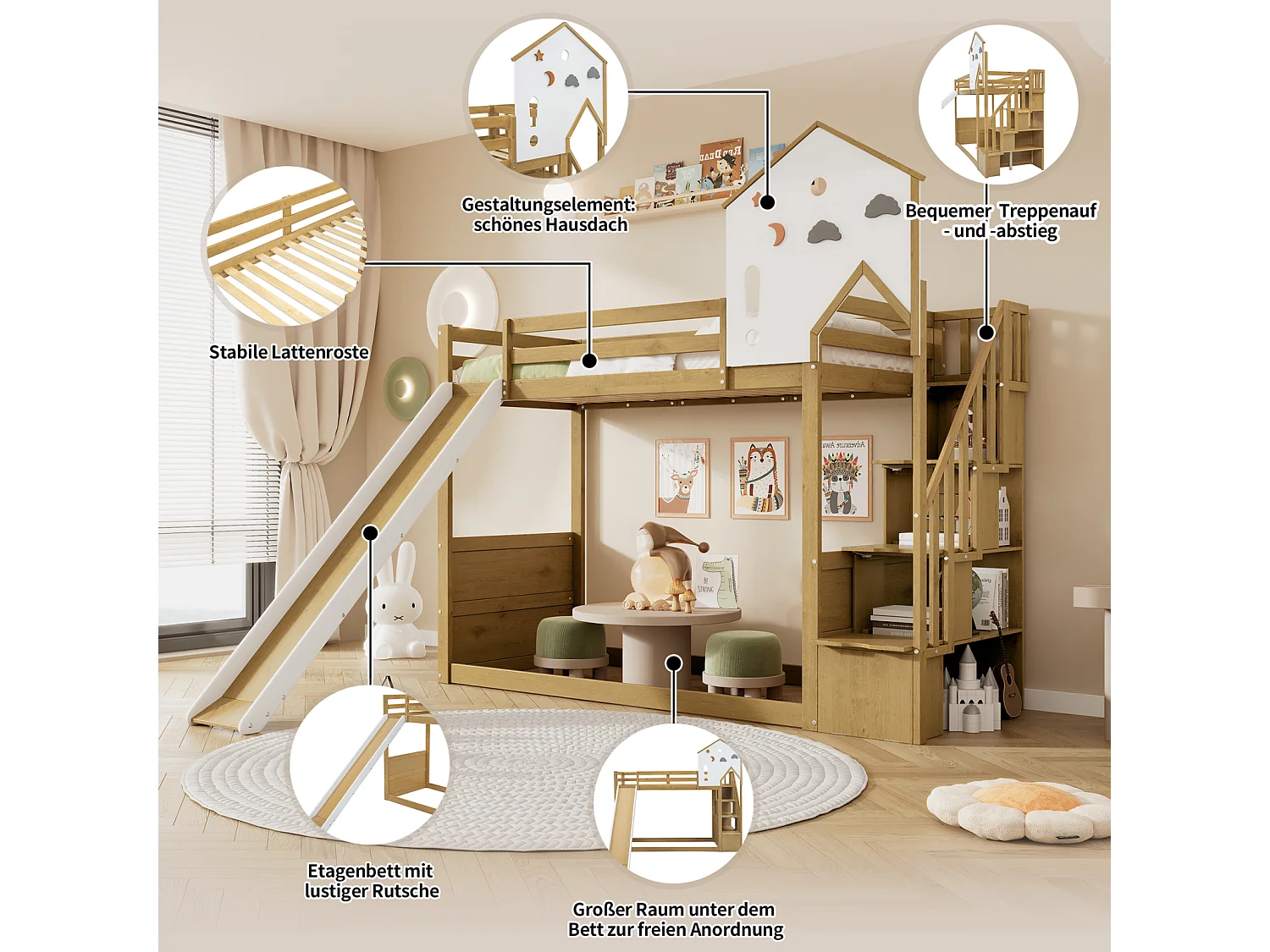 Stapelbed 90x200cm - kinderhutbed met dak, raam, 3 opbergvakken in de trap, glijbaan, grenen + MDF, wit + naturel