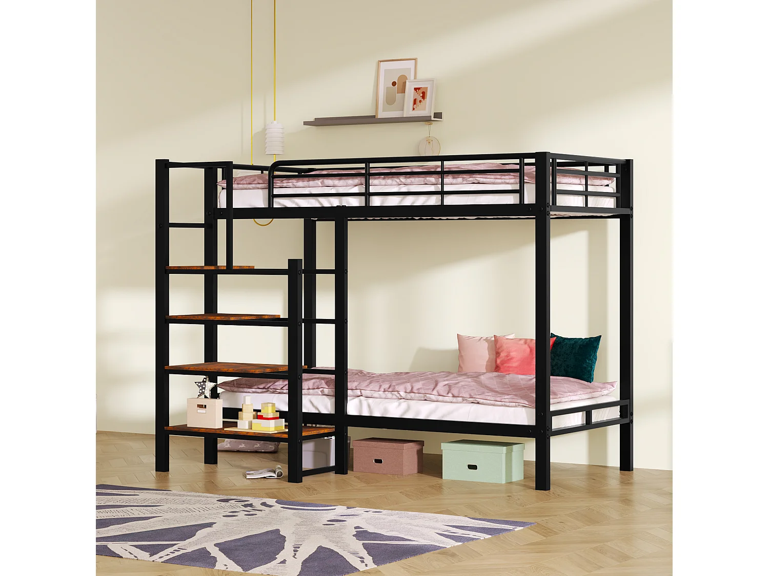 Letto a castello 90x200cm, struttura in ferro, con ripiani a scaletta e rete a doghe, certificato EN747, robusto e durevole, nero