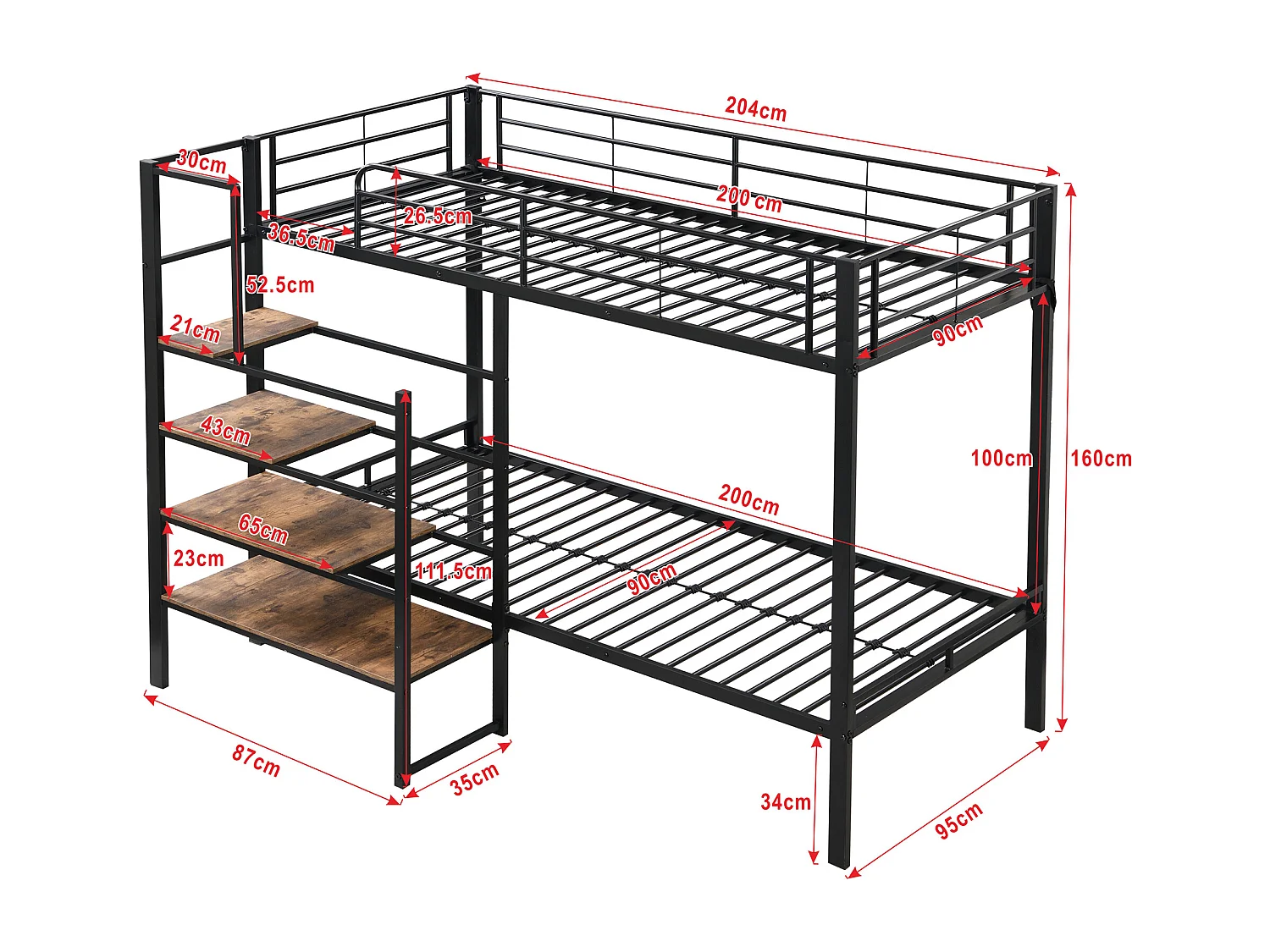 Letto a castello 90x200cm, struttura in ferro, con ripiani a scaletta e rete a doghe, certificato EN747, robusto e durevole, nero