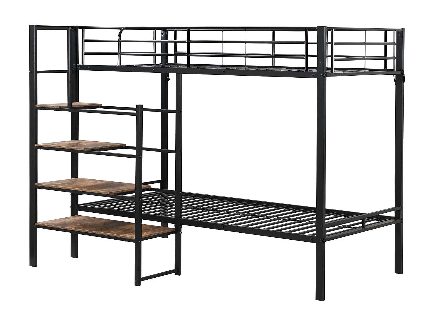 Letto a castello 90x200cm, struttura in ferro, con ripiani a scaletta e rete a doghe, certificato EN747, robusto e durevole, nero