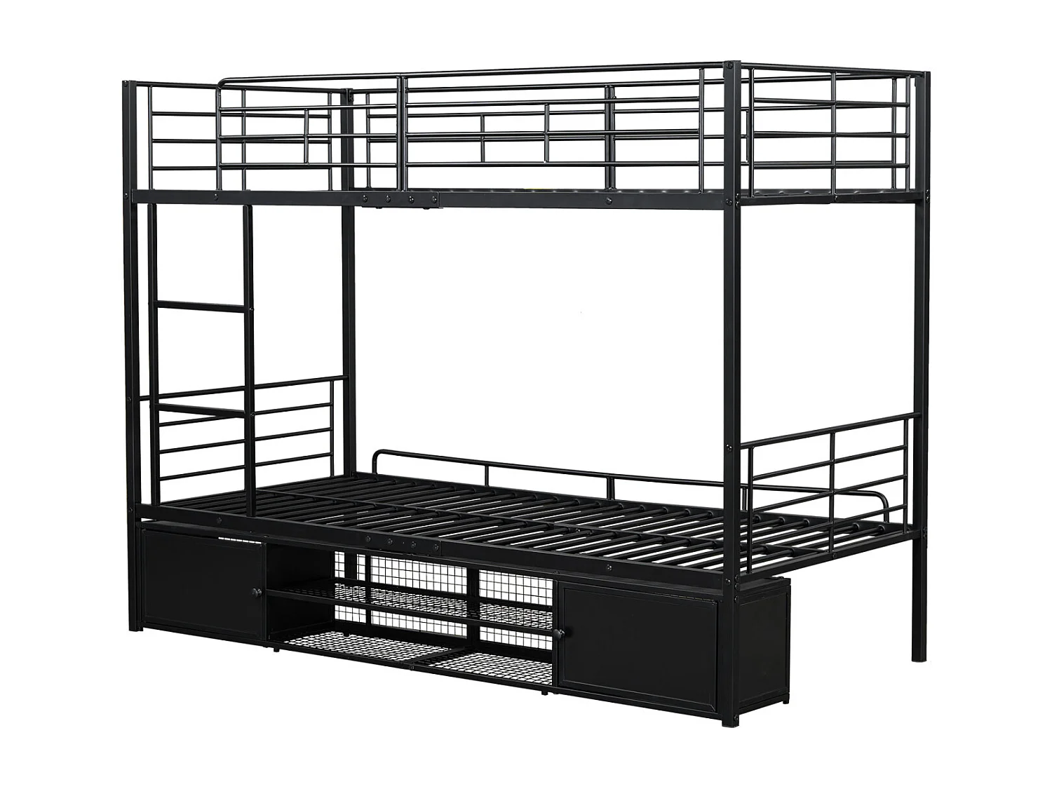 Stapelbed van metaal, 90x200 cm, met open plank en kast met twee deuren, zijladder en veiligheidsrail - Zwart, voor kinderen en tieners