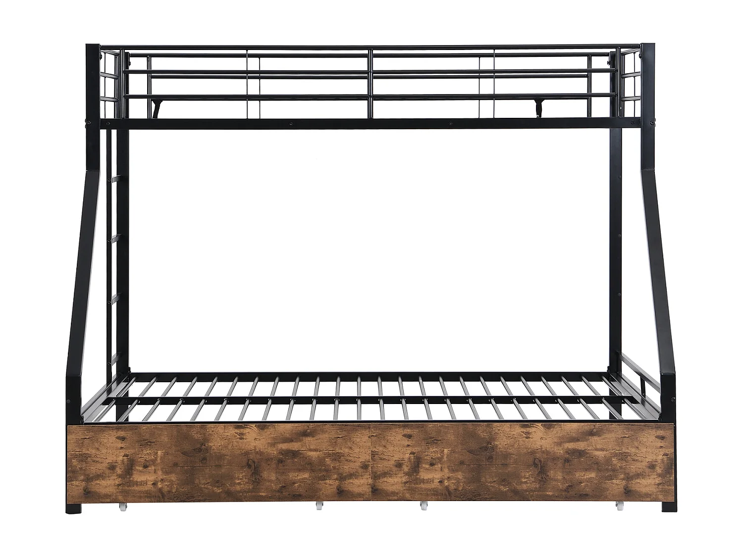 Litera 90x200cm+140x200cm, con 2 cajones y escalera, protección contra caídas, hierro + MDF, estilo industrial, negro + color madera vintage