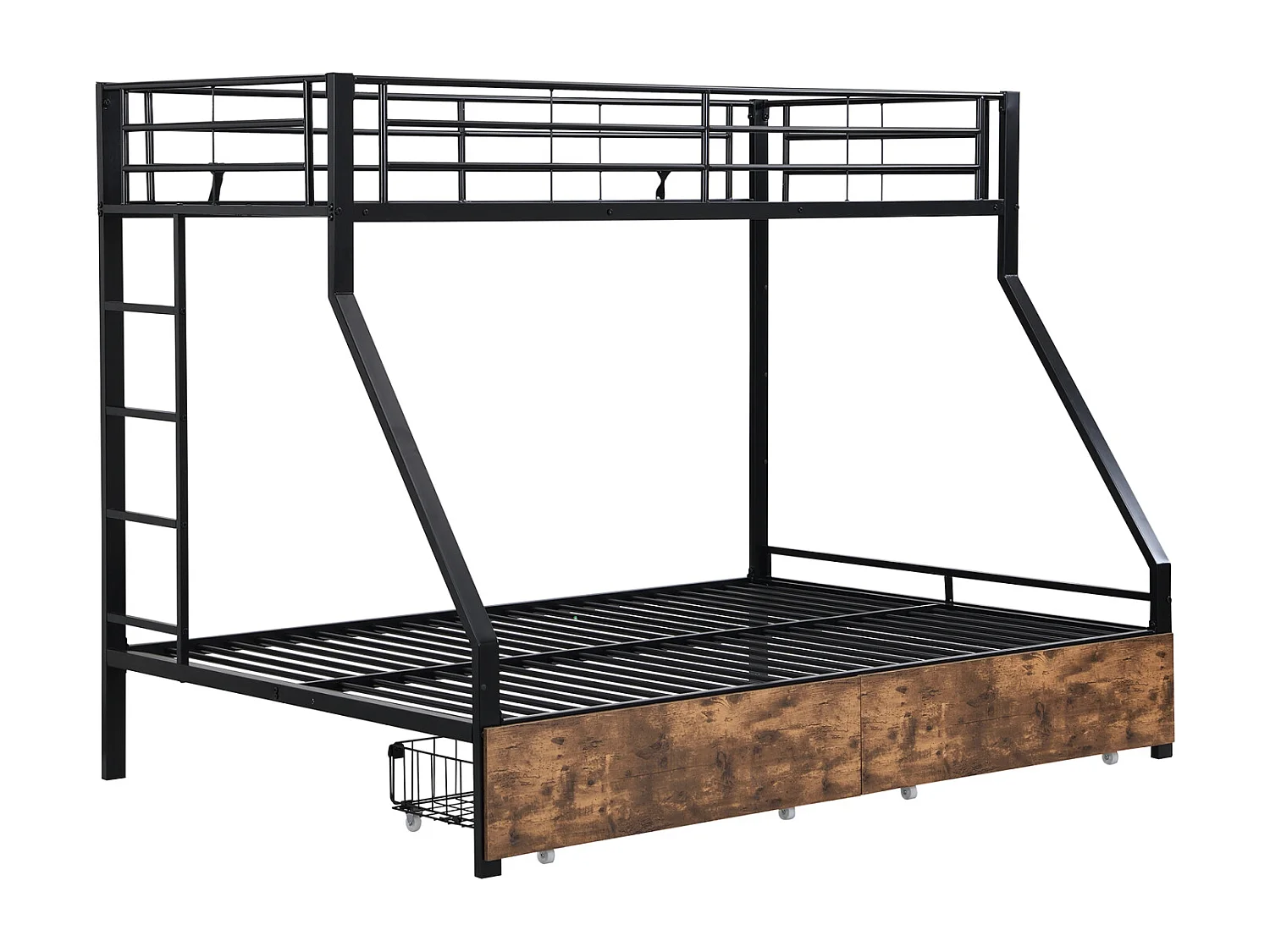 Litera 90x200cm+140x200cm, con 2 cajones y escalera, protección contra caídas, hierro + MDF, estilo industrial, negro + color madera vintage