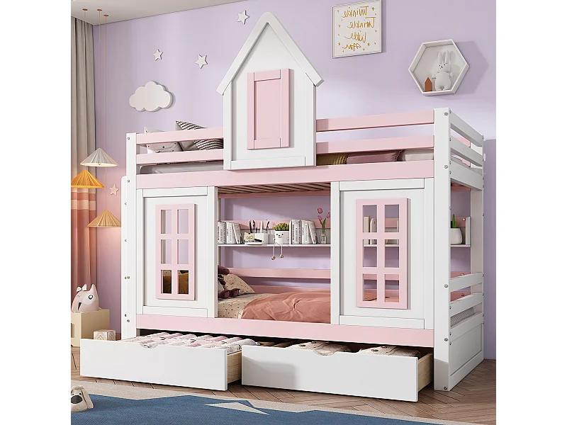 Lit superposé 90x200cm - lit enfant avec toit, fenêtre, 2 tiroirs, étagère ouverte, sommier à lattes - pin + MDF, blanc + rose